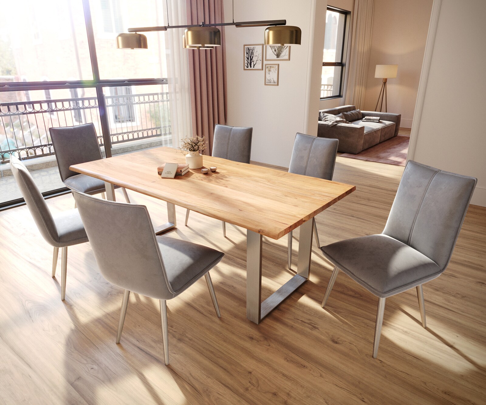 Eetkamerstoel Lelio-Flex fluweel grijs 4-poot conisch roestvrij staal pocketveer kern 3 Eetkamerstoel Lelio-Flex fluweel grijs 4-poot conisch roestvrij staal pocketveer kern 3