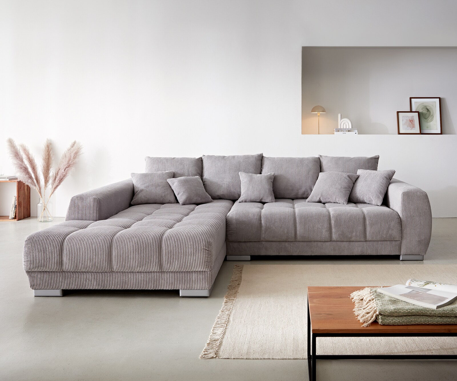 Bank Josea Cord zilvergrijs 300x220 cm voetenbank links hoekbank 1