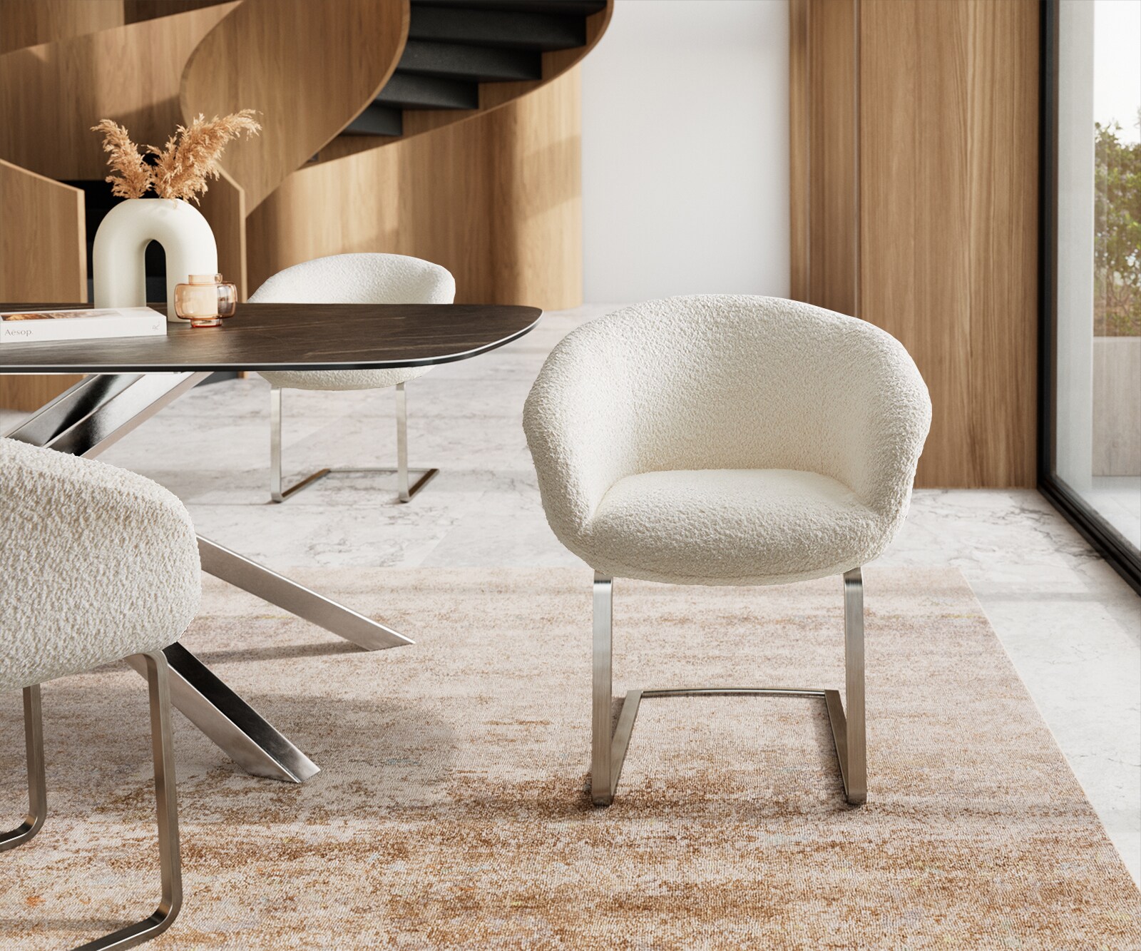 Sledemodel Vinka-Flex met armleuning bouclé wit sledemodel vlak roestvrij staal pocketveer kern 1 Sledemodel Vinka-Flex met armleuning bouclé wit sledemodel vlak roestvrij staal pocketveer kern 1