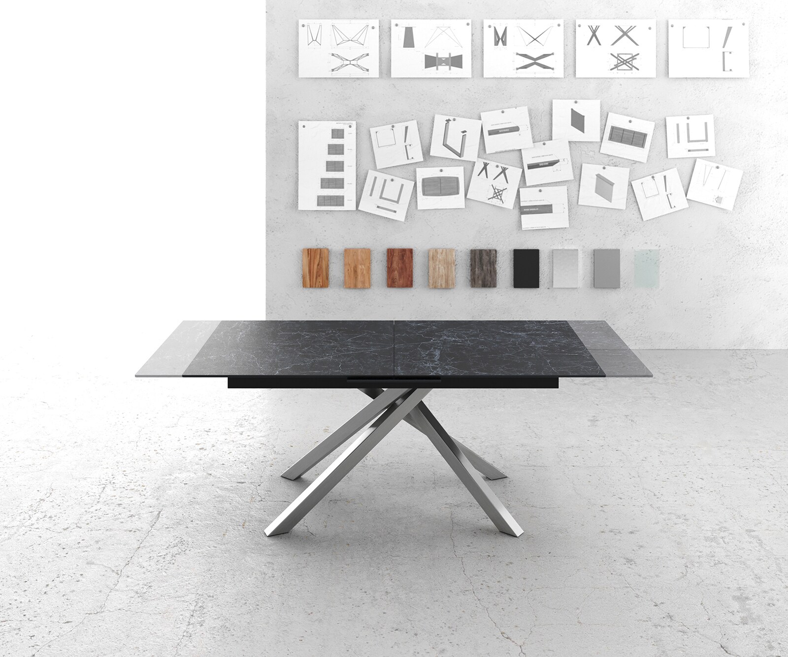 Eettafel Edge 180-220x100cm Laminam® keramiek grijs middenpoot kruis zilver 5