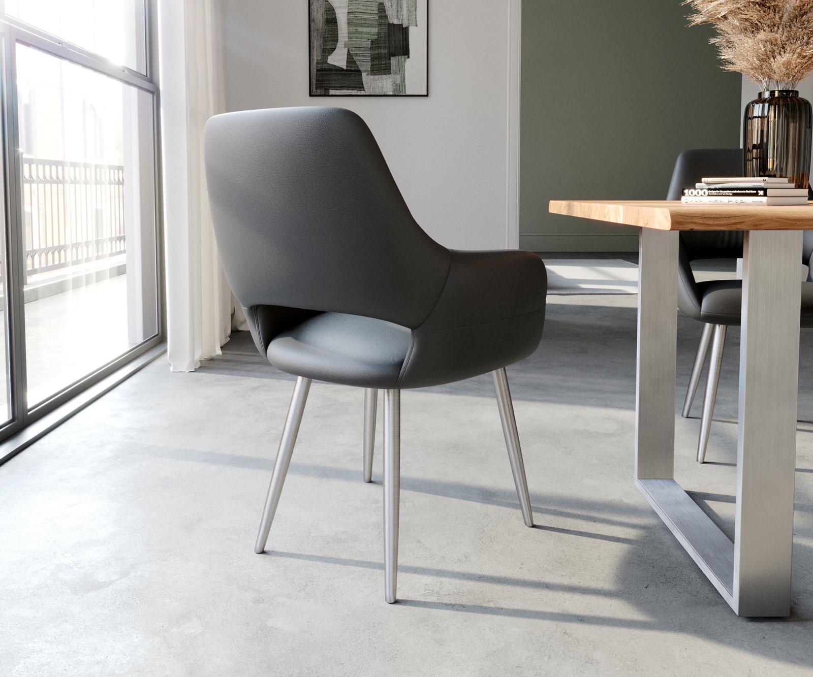 Eetkamerstoel Yago-Flex met armleuning echt leer zwart 4-poot conisch roestvrij staal pocketveer kern 4 Eetkamerstoel Yago-Flex met armleuning echt leer zwart 4-poot conisch roestvrij staal pocketveer kern 4