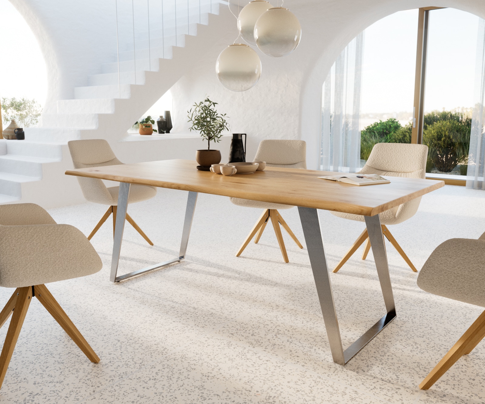 Eettafel Edge 200x100x2,5-3 eiken natuur roestvrij staal  schuin Live-Edge Eettafel Edge 200x100x2,5-3 eiken natuur roestvrij staal  schuin Live-Edge