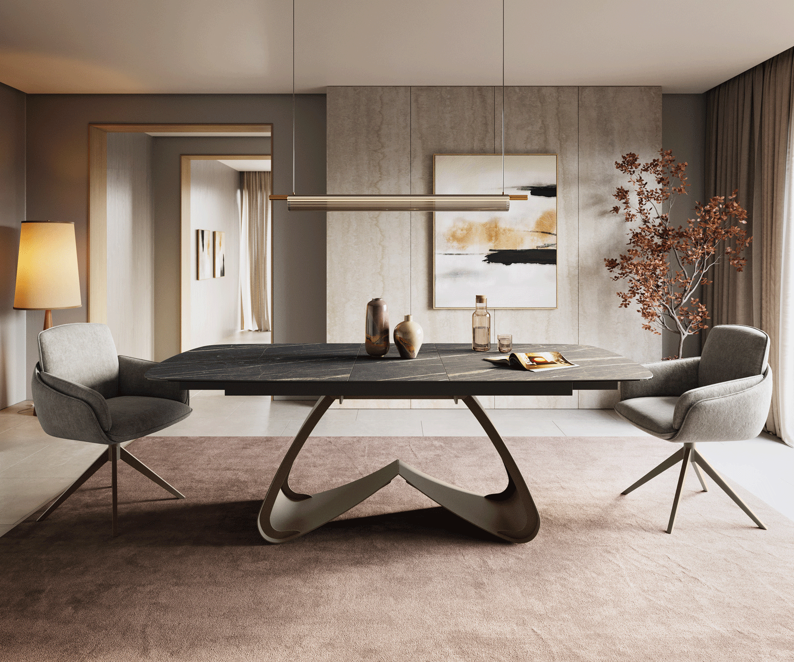 Eettafel Edge Boot 180-220x100 cm Laminam® Keramiek Noir Desir Braun W-onderstel Effectafwerking Titan uitschuifbaar 2