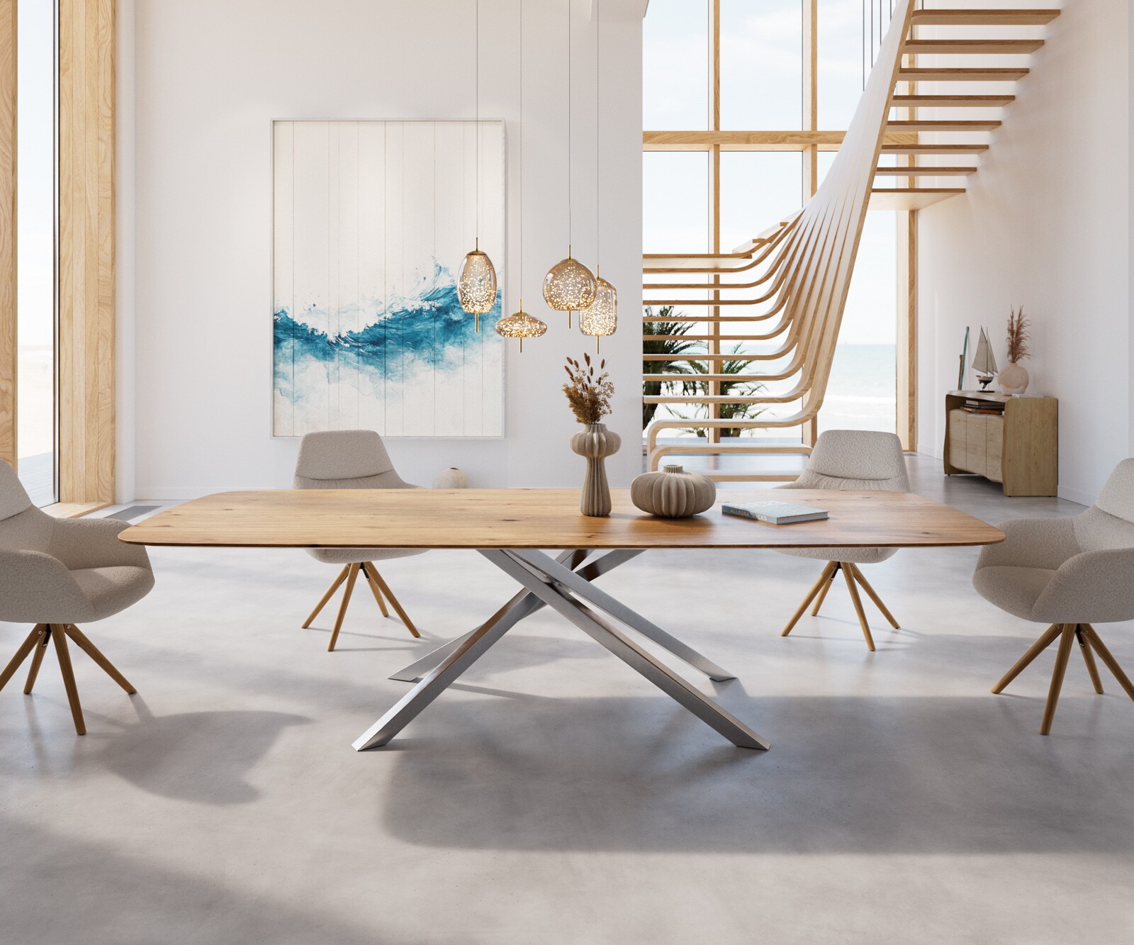Eettafel Edge Boot 300x120x2,5-3 eiken natuur kruisframe rechthoek roestvrij staal  Schweizer Kante 2