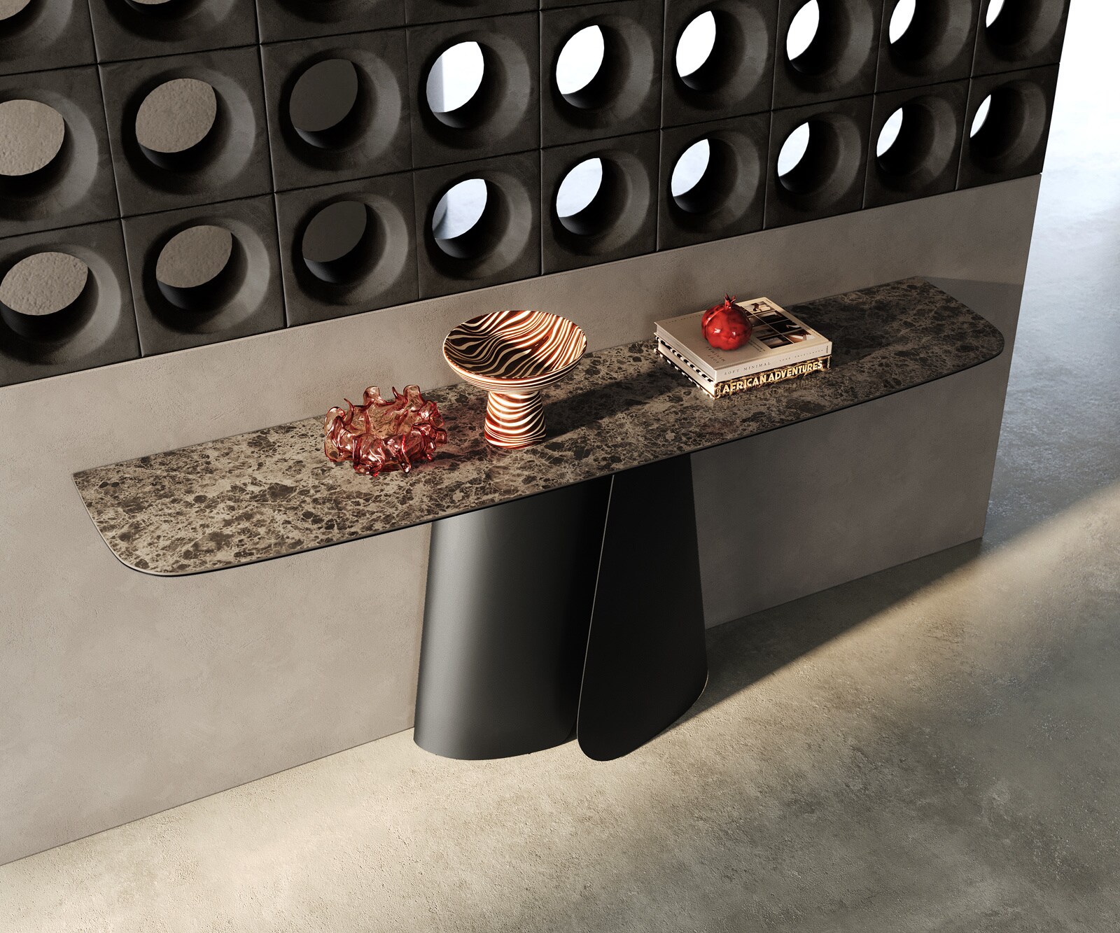 Consoletafel Edge Bootvorm 180x40 cm Keramiek Emperador Extra Lucidato Dunkelbraun Livos Metaal Zwart 2