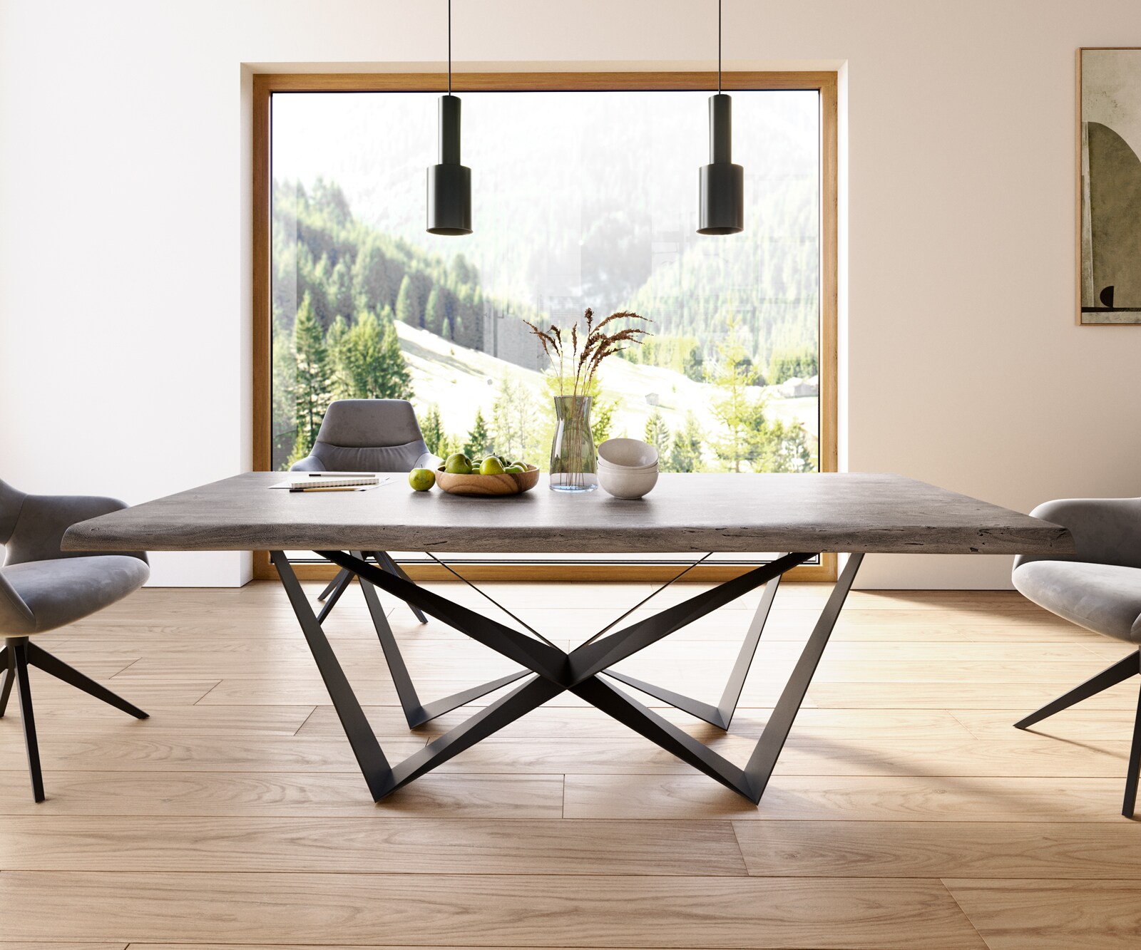 Eettafel Edge 220x100 XL acacia platina  Spider staal  zwart  Live-Edge 1