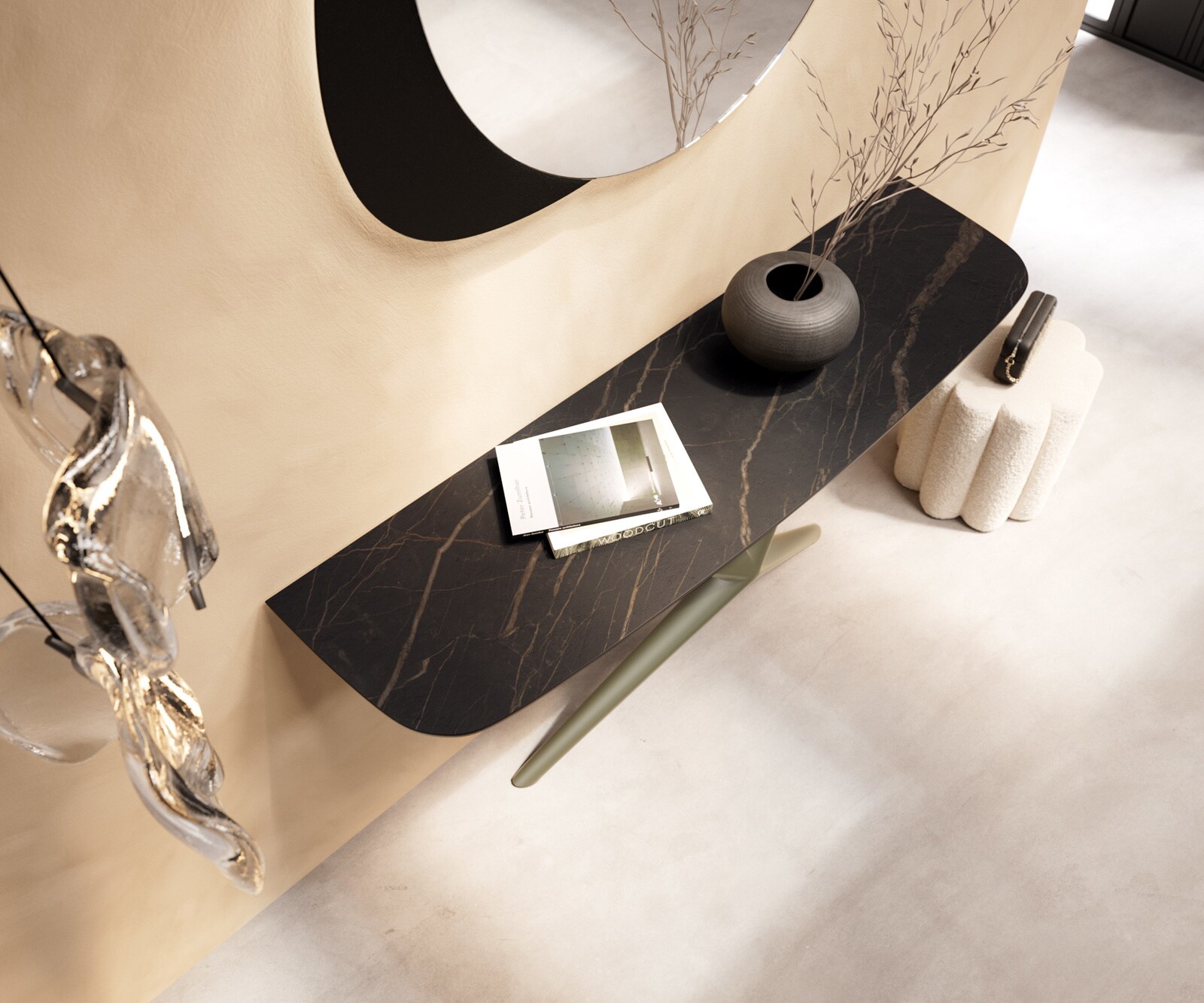 Consoletafel Edge Bootvorm 140x40 cm Keramiek Laminam® Noir Desir Braun Estelo Metaal Effektfinish Titan 2