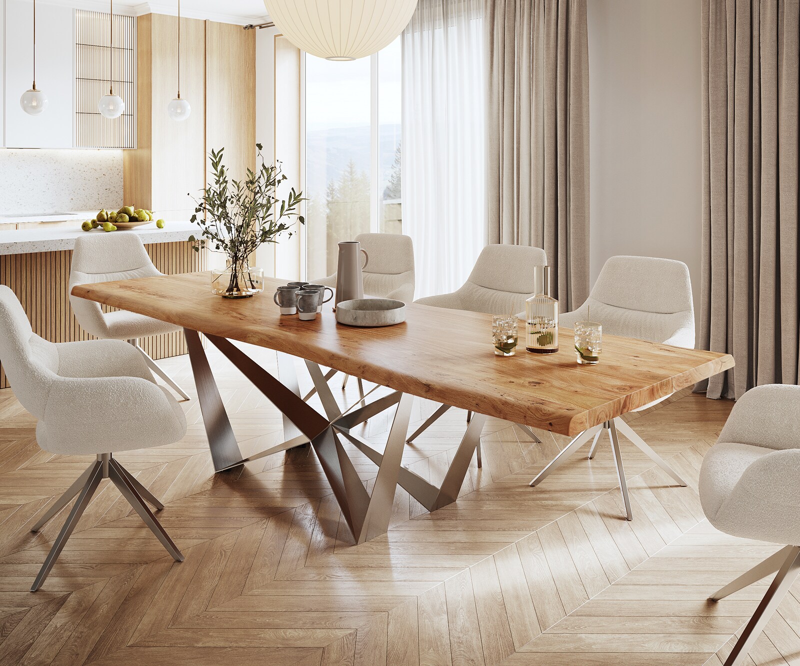 Eettafel Edge 300x100 XL acacia natuur Spider staal  roestvrij staal  Live-Edge 1