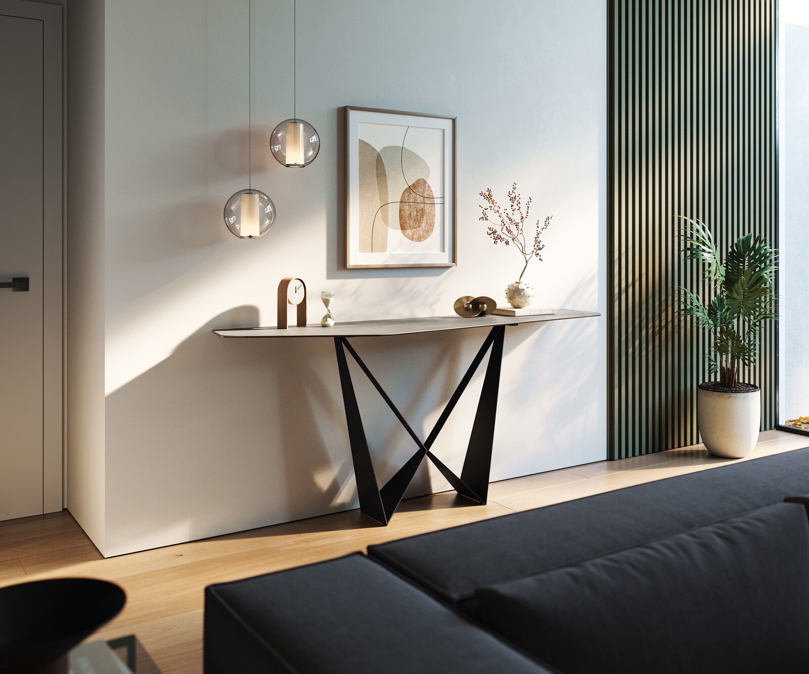 Consoletafel Edge Polygonaal 180x50 cm Keramiek Betongrijs Spios Metaal Zwart 7