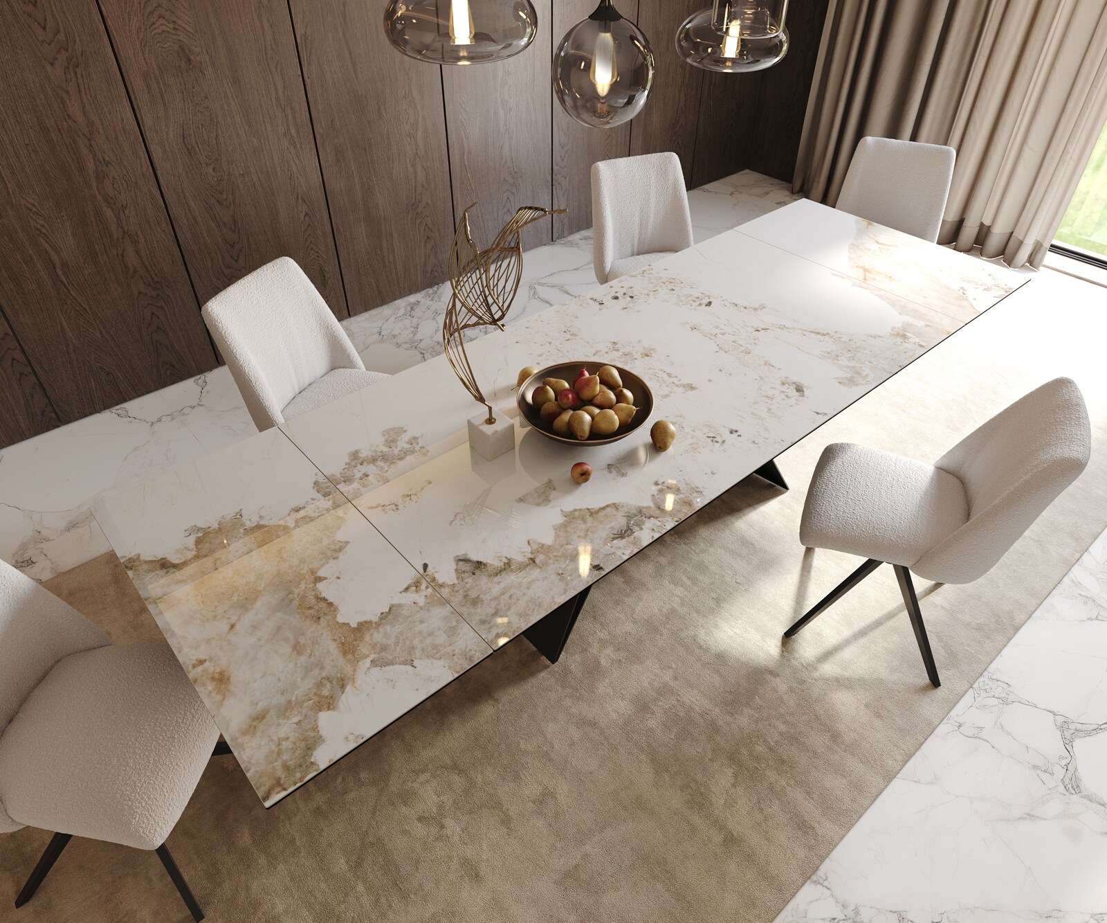 Eetkamertafel Edge 200-300x100 keramiek Minas Melange wit-beige V-frame vlak staal zwart uitschuifbaar 5
