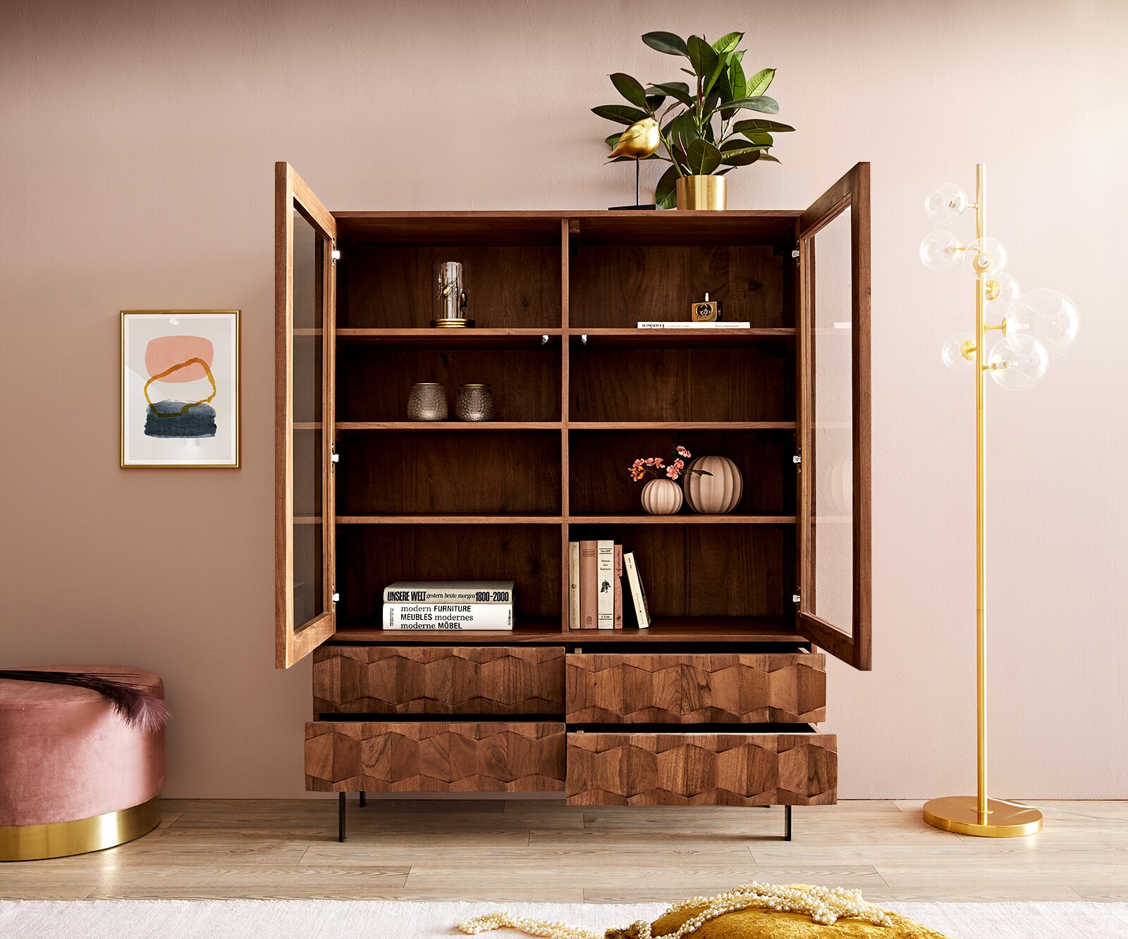 Vitrinekast Fevo 115x150 cm acacia bruin L-poot 3 Vitrinekast Fevo 115x150 cm acacia bruin L-poot 3
