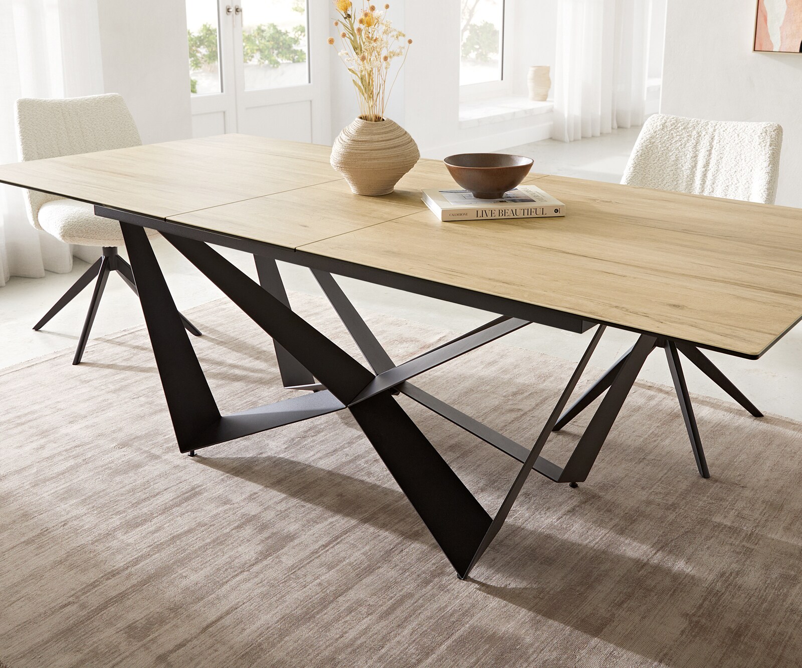 Eetkamertafel Edge 180-220x100 keramiek Laminam® Sabbia eiken kleur spider vlak staal zwart uitschuifbaar 7