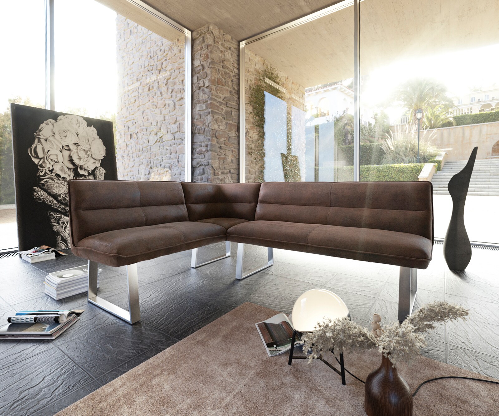 Hoekbank Salvo 200x160 cm bruin vintage roestvrij staal bankframe variabel 1