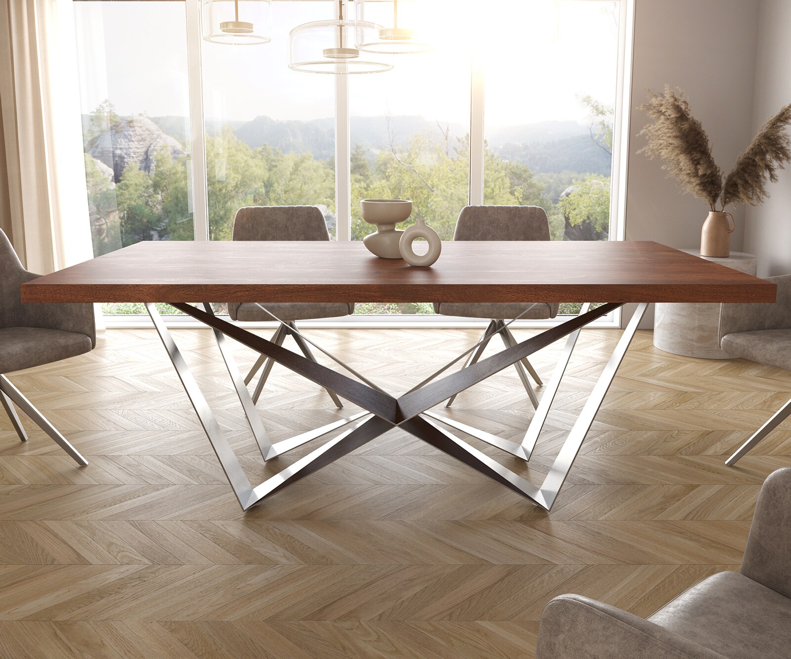 Eettafel Edge 200x100cm XL acacia bruin middenpoot vlak staal zilver 1 Eettafel Edge 200x100cm XL acacia bruin middenpoot vlak staal zilver 1