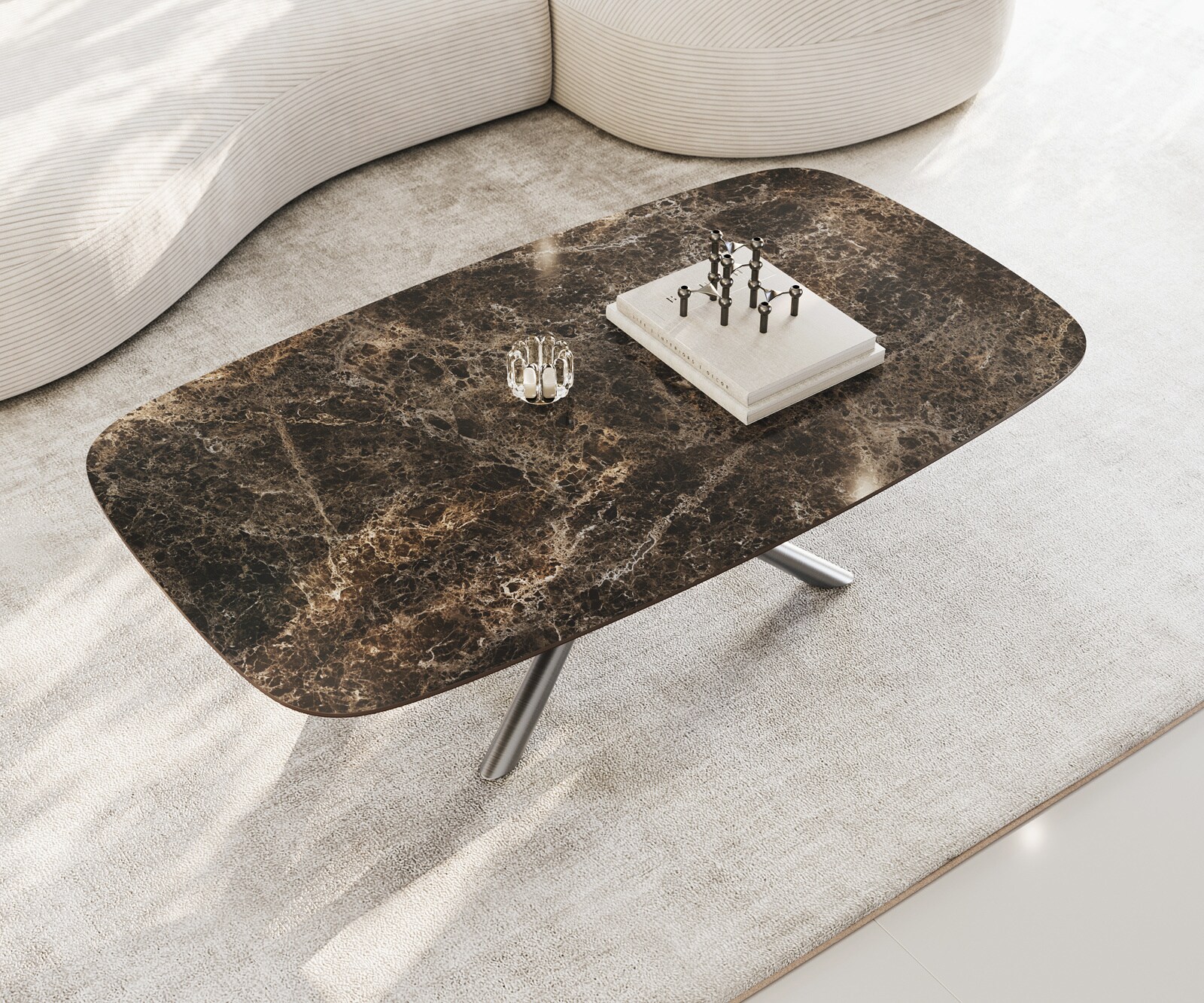 Salontafel Edge bootvorm 140x80 cm keramiek Emperador Extra Lucidato donkerbruin Sarity roestvrij staal geborsteld 4