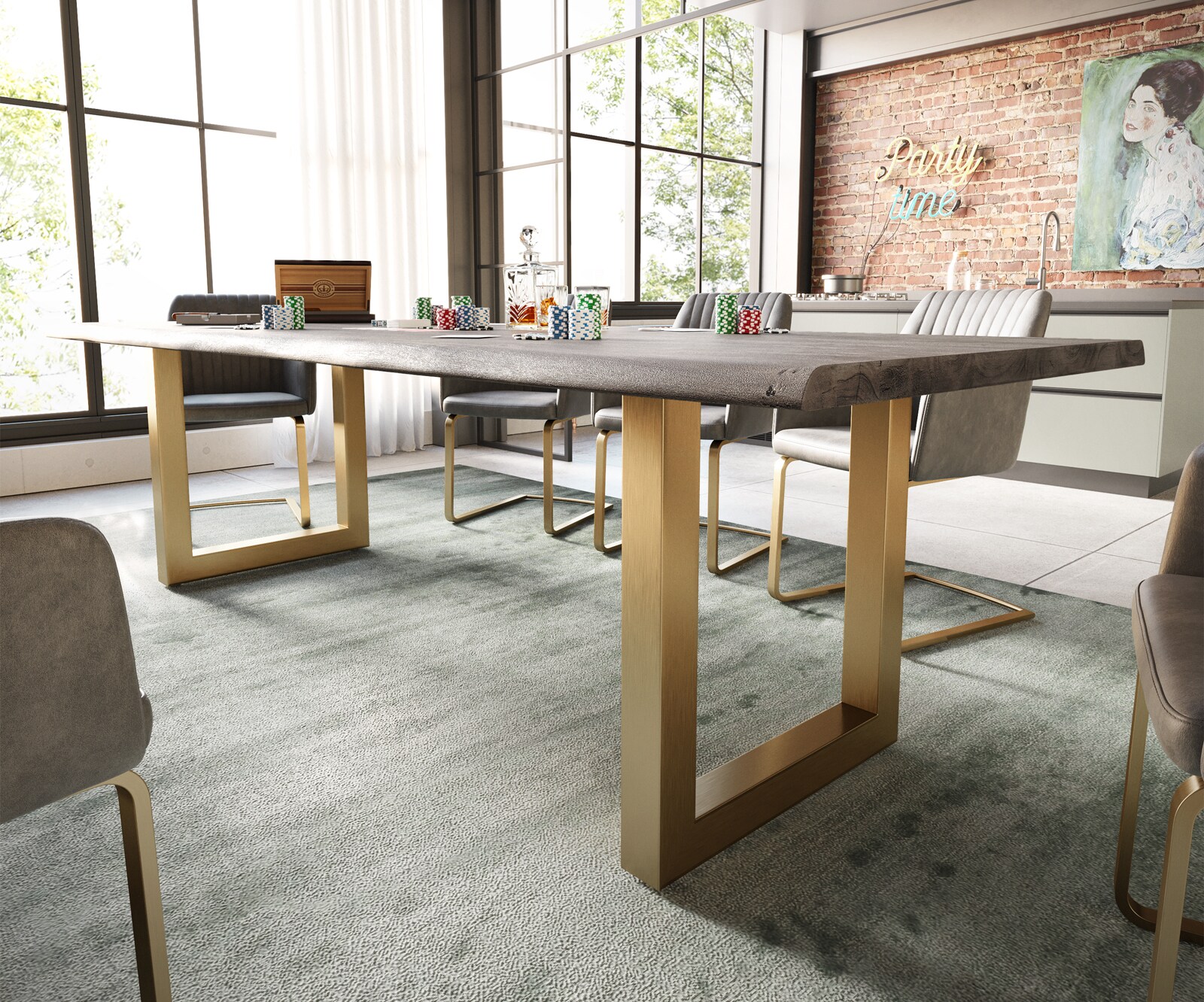 Eettafel Edge 260x100 acacia platina  roestvrij staal goud breed Live-Edge 2 Eettafel Edge 260x100 acacia platina  roestvrij staal goud breed Live-Edge 2