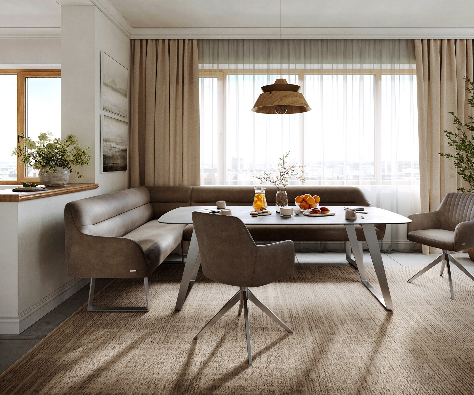 Eetkamerbank Taya-Flex 285x190 cm microvelours taupe vintage gekant sledeframe roestvrij staal pocketvering rechts 2