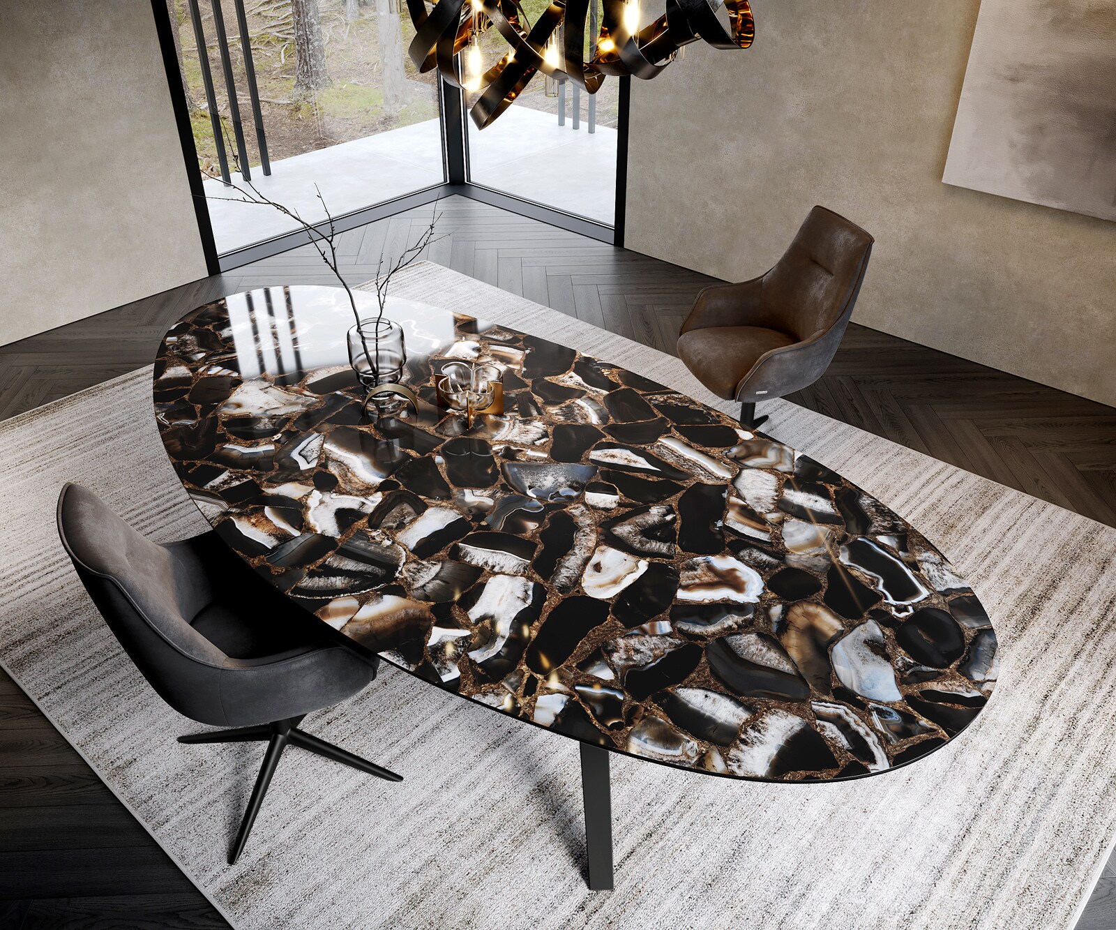 Eetkamertafel Edge ovaal 280x130 keramiek Iris FMG Agatablack Zenthara hoekig metaal zwart 1