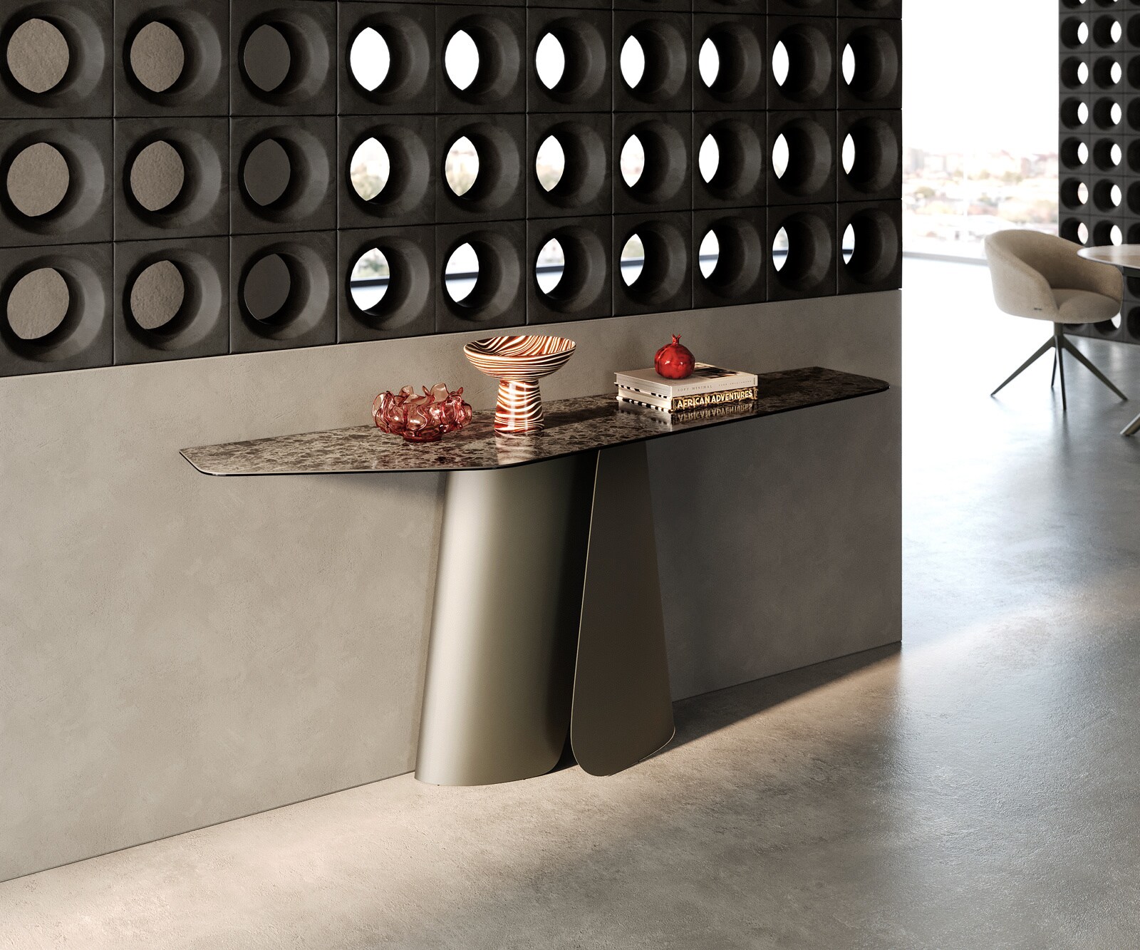 Consoletafel Edge Polygonaal 180x50 cm Keramiek Emperador Extra Lucidato Dunkelbraun Livos Metaal Effektfinish Titan 1