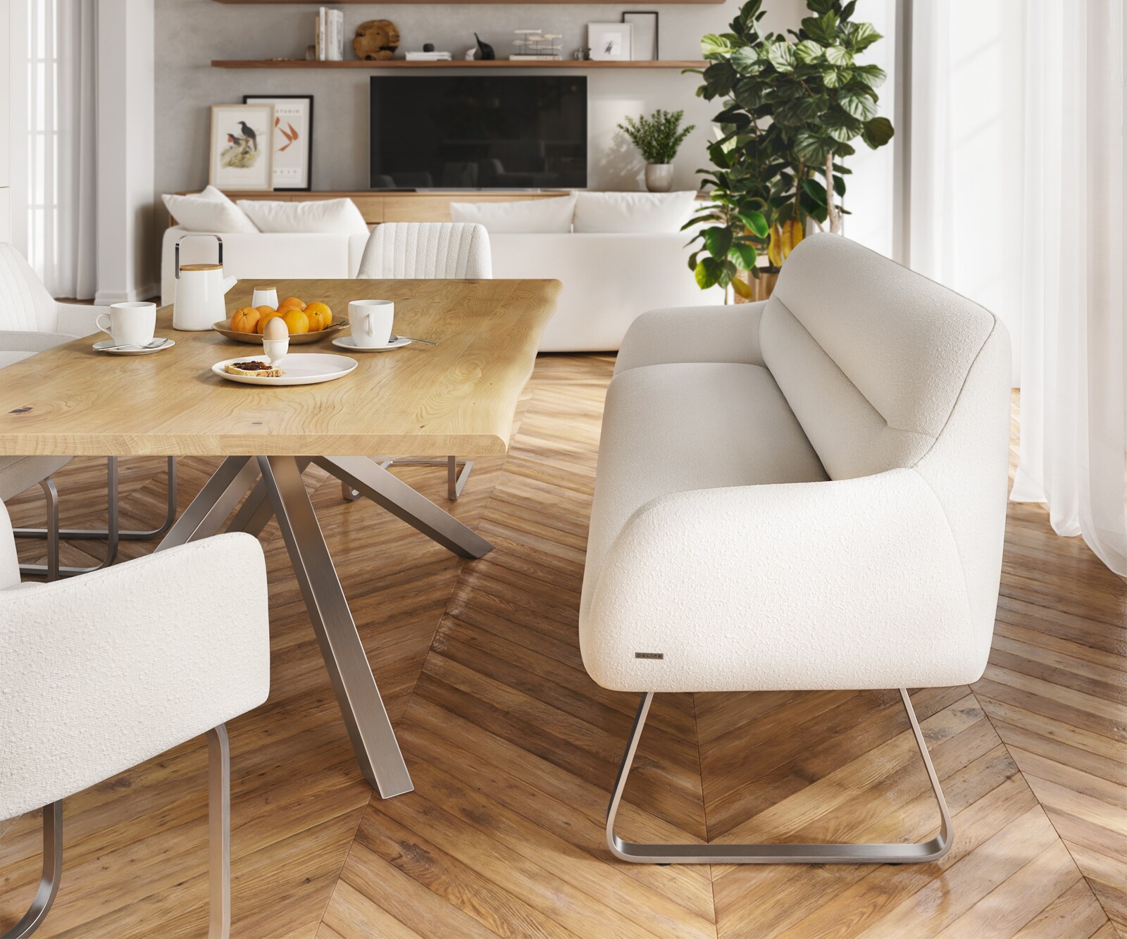 Eetkamerbank Taya-Flex 200 cm bouclé crème-wit platte sledebasis roestvrij staal pocketvering 2