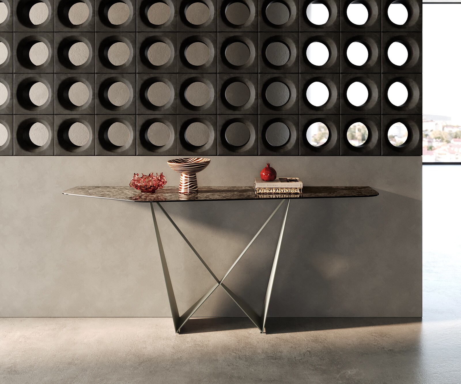 Consoletafel Edge Polygonaal 180x50 cm Keramiek Emperador Extra Lucidato Dunkelbraun Spios Metaal Effektfinish Titan 1