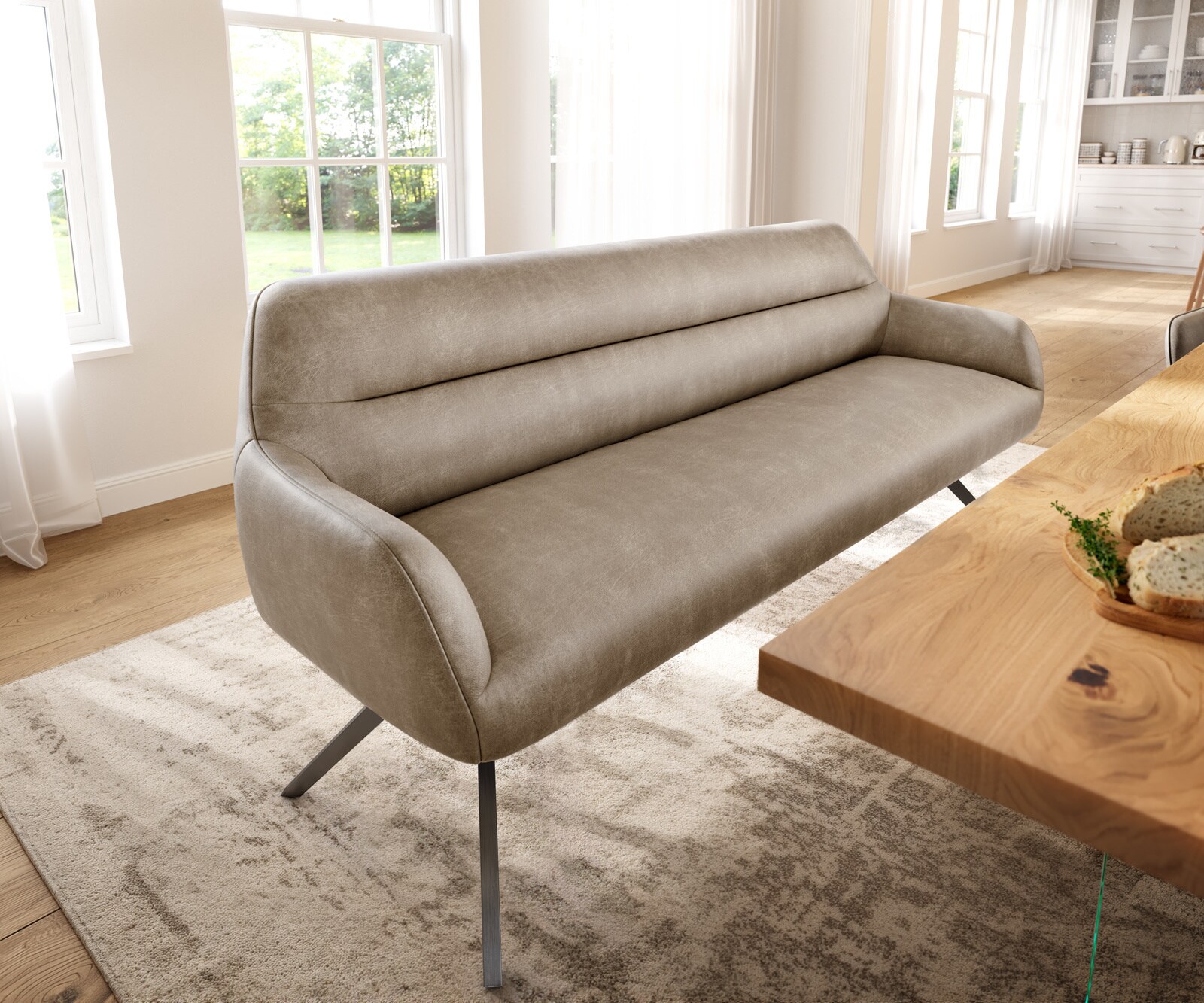 Eetkamerbank Taya-Flex 200 cm microvelours beige vintage hoekig kruisframe grafiet pocketvering
