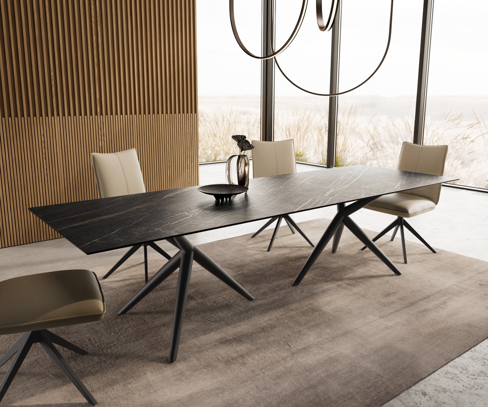 Eetkamertafel Edge 300x100 keramiek Laminam®Noir Desir bruin Estelar rond  metaal zwart