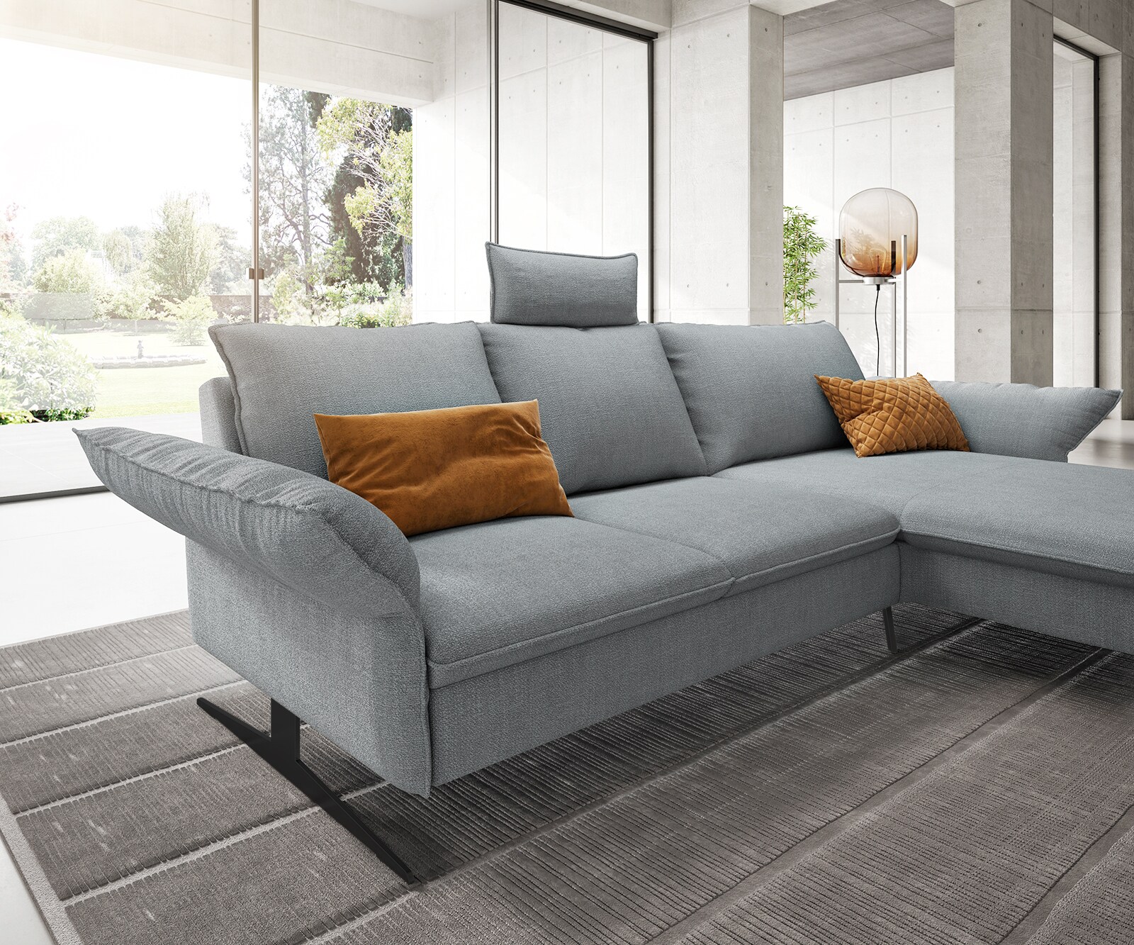 Eckcouch Nerio vlak geweven stof pastelblauw 300 x 190 cm recamière rechts 3