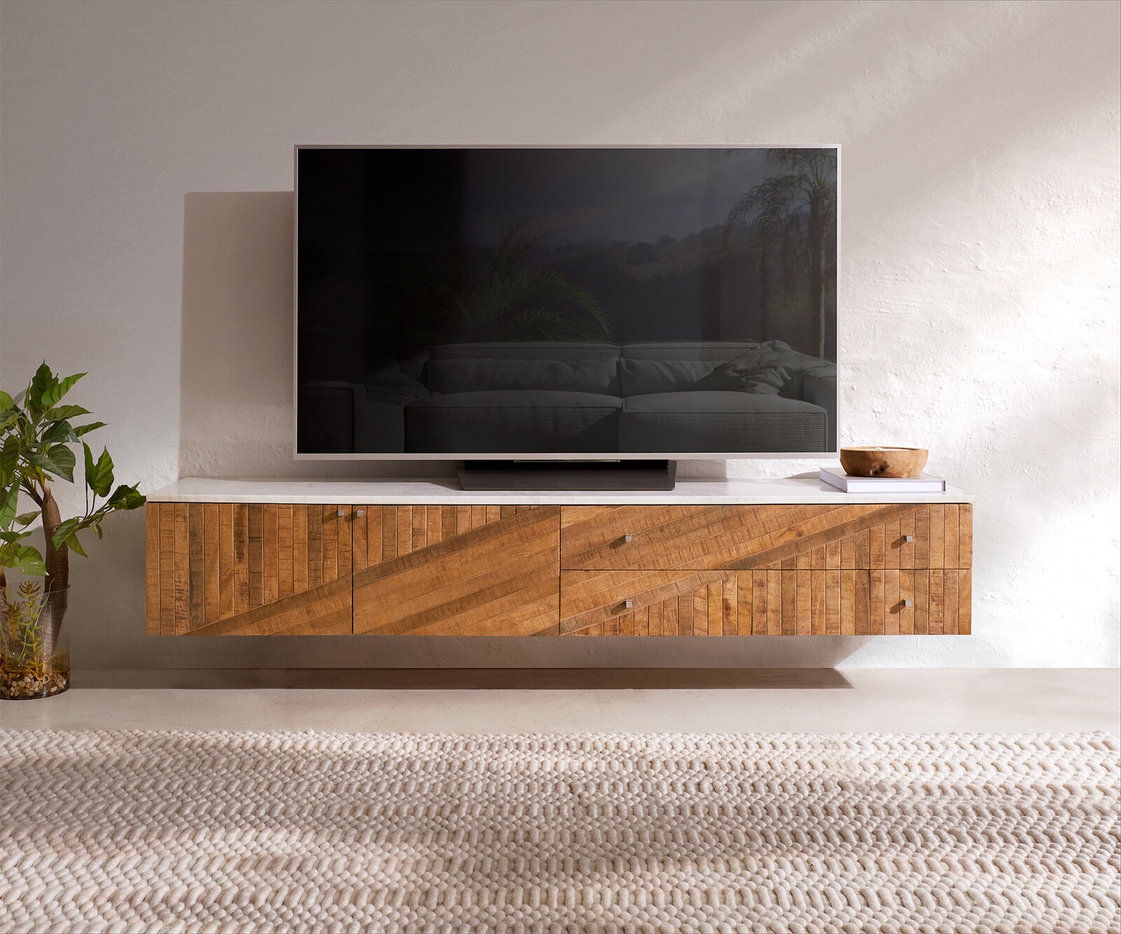 TV-meubel Bahan 175 cm mango teak 2 deuren 2 laden marmeren blad wit zwevend 1