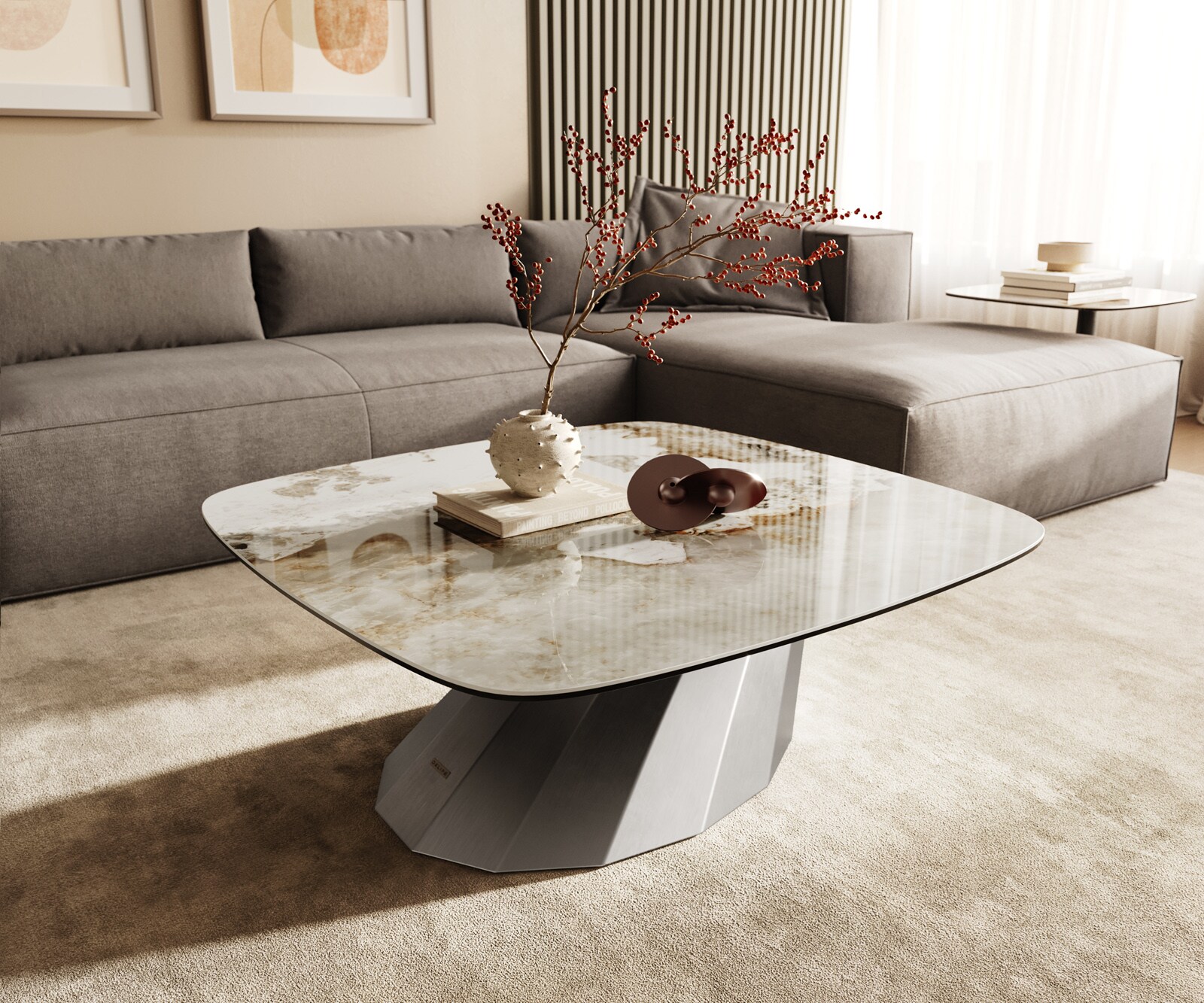 Salontafel Edge Boot 90x90 cm keramiek Minas Melange Parabi geborsteld roestvrij staal 1