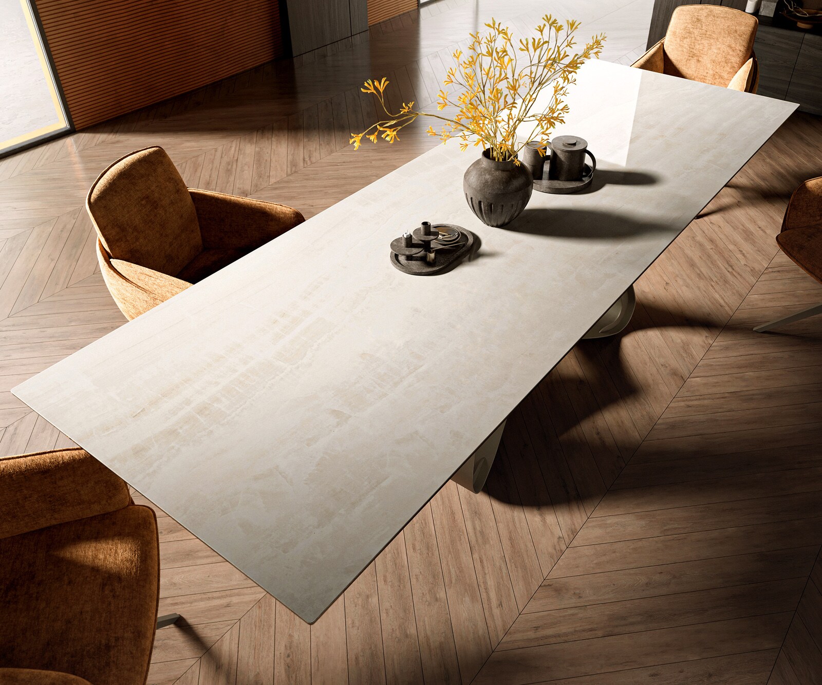 Eettafel Edge 300x100 cm keramiek Onyx Champagne W-onderstel metaal effectfinish titan 4