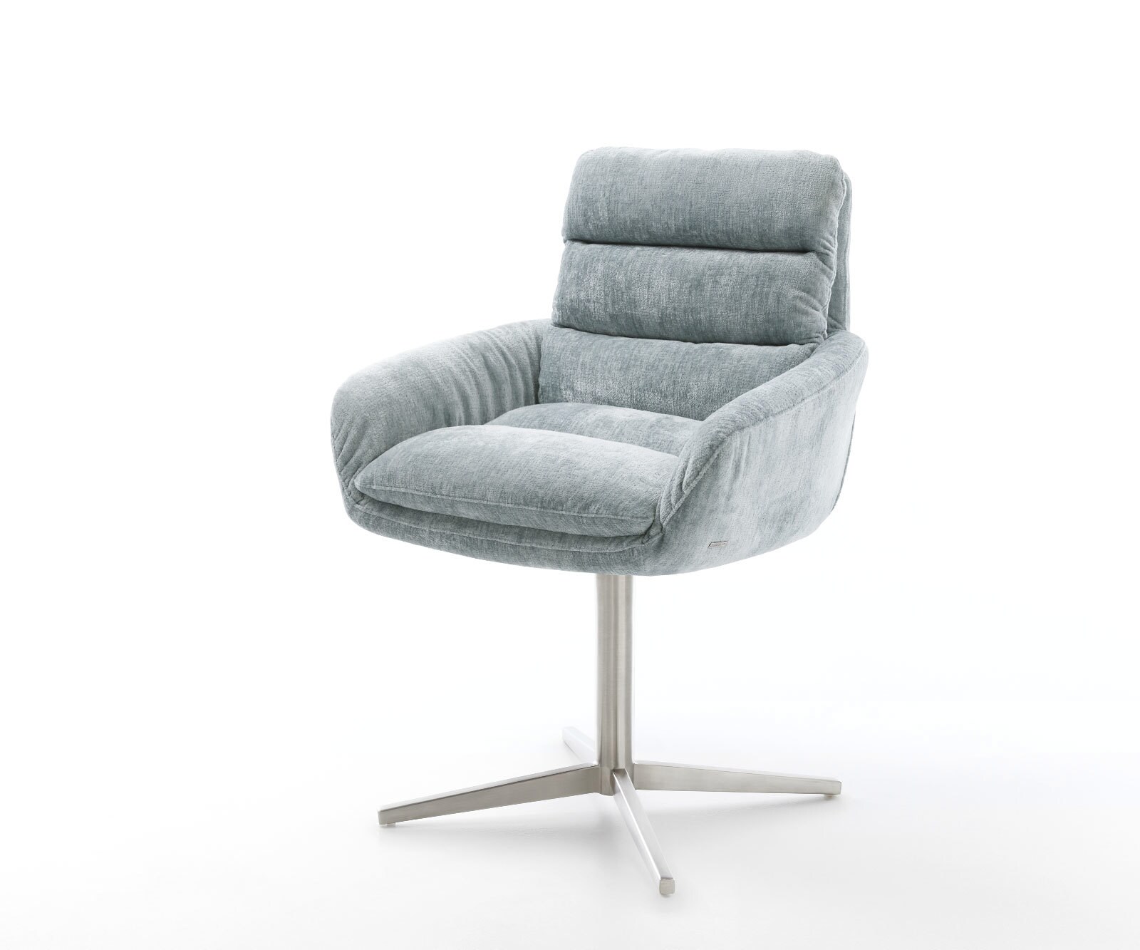 Draaistoel Abelia-Flex met armleuning chenille pastelblauw kruispoot roestvrij staal 360° draaibaar
