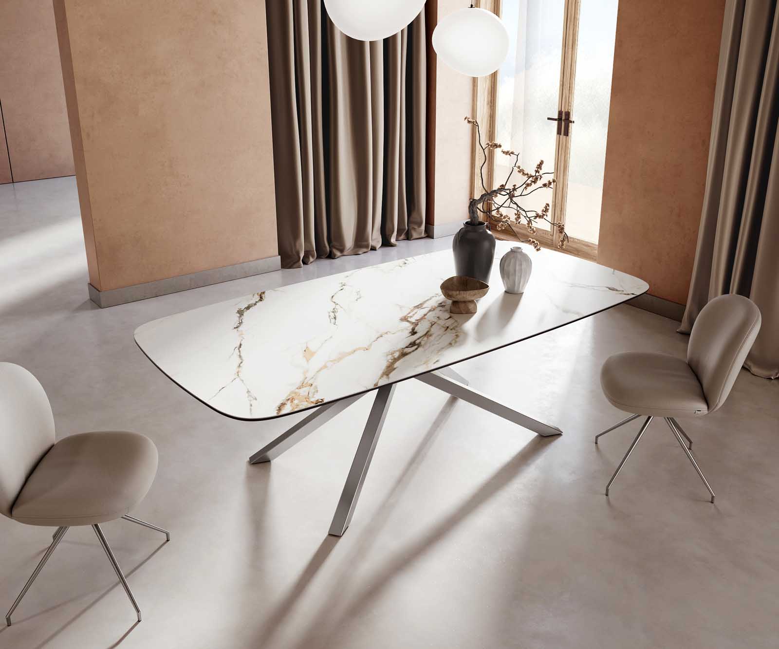 Eetkamertafel Edge Boot 240x120 keramiek Calacatta Luxe wit-goud-grijs kruisframe rechthoek RVS 4