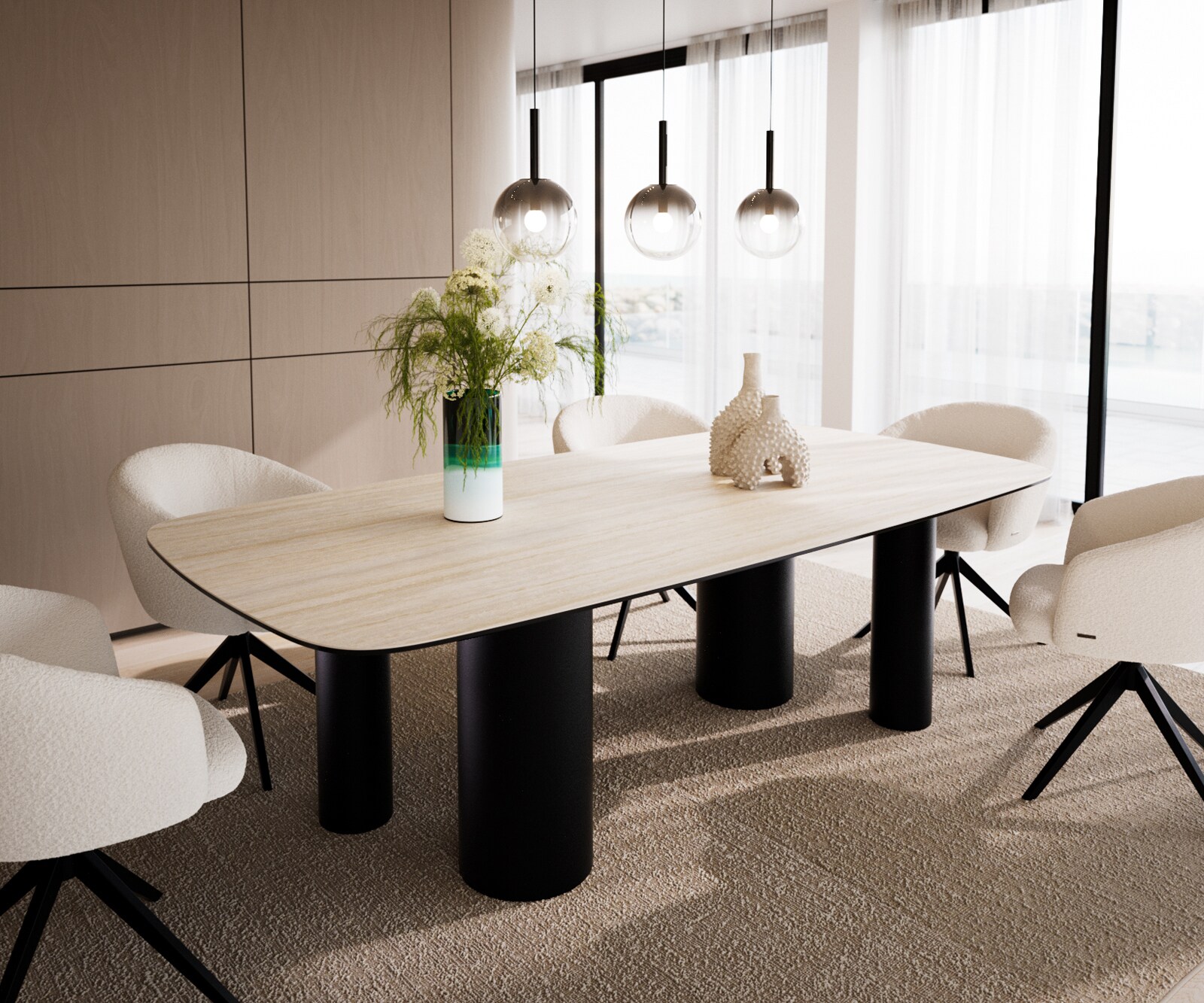 Eetkamertafel Edge Boot 240x120 cm Keramiek Travertin Natuur Pilier Metaal Zwart 1