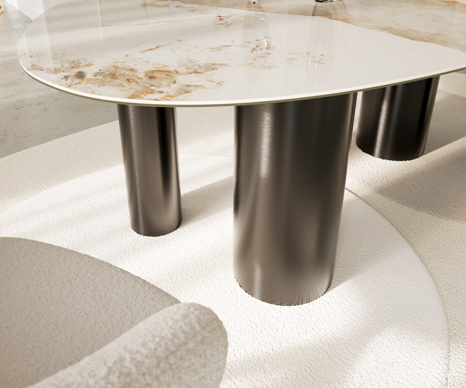 Eetkamertafel Edge ovaal 220x120 keramiek Minas Melange wit-Beige Pilier roestvrij staal grafiet 5