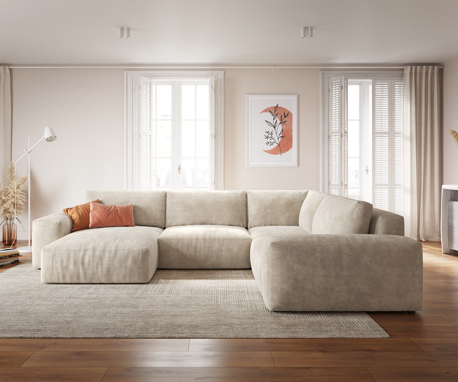 Woonkamerlandschap Lanzo XL Corduroy Beige 360x260 cm Recamiere variabel 1
