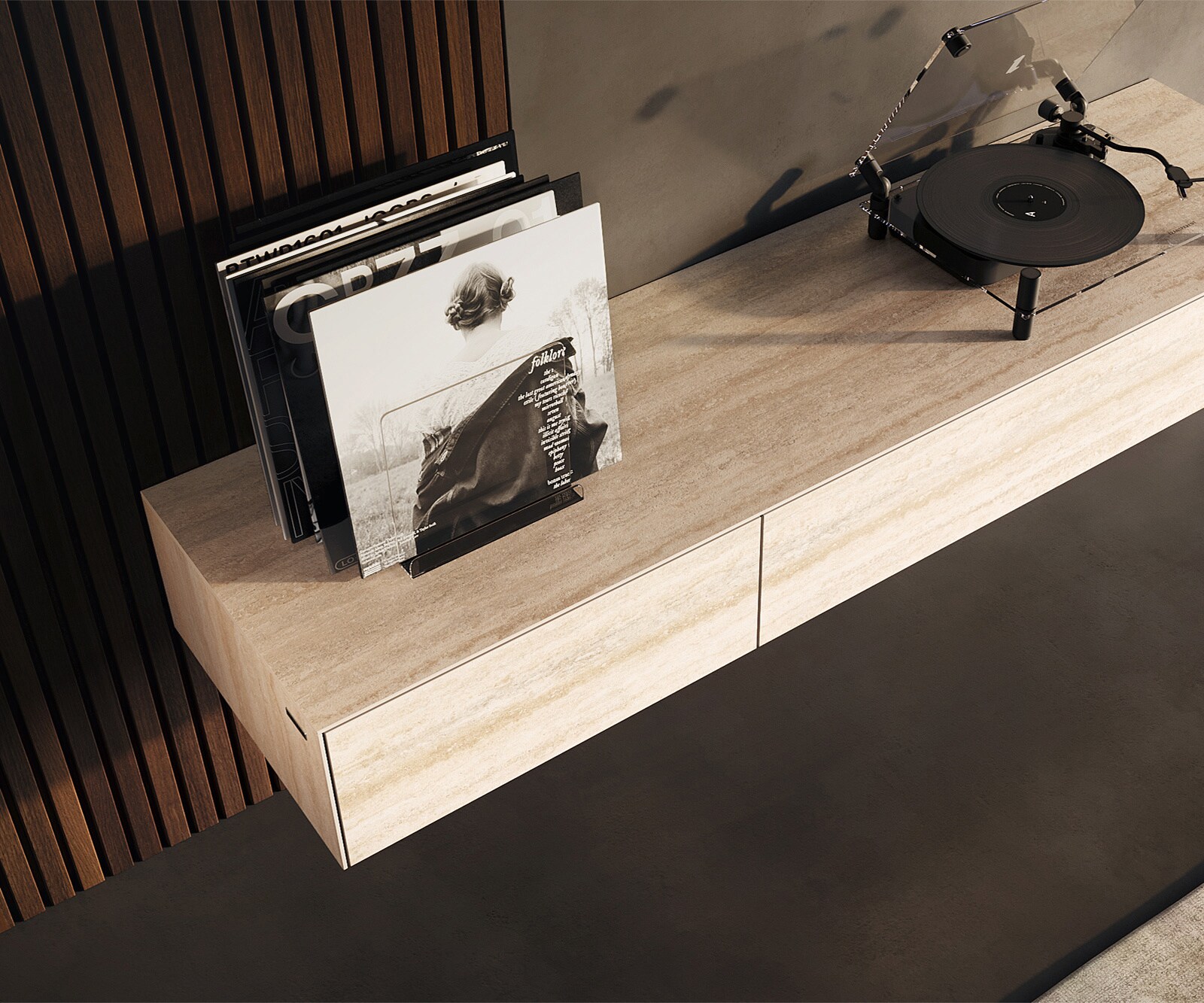 Tv-meubel Cuor 150 cm Keramiek Laminam® Travertino Bianco Crème-wit 1 Flap 1 Lade Zwevend 3