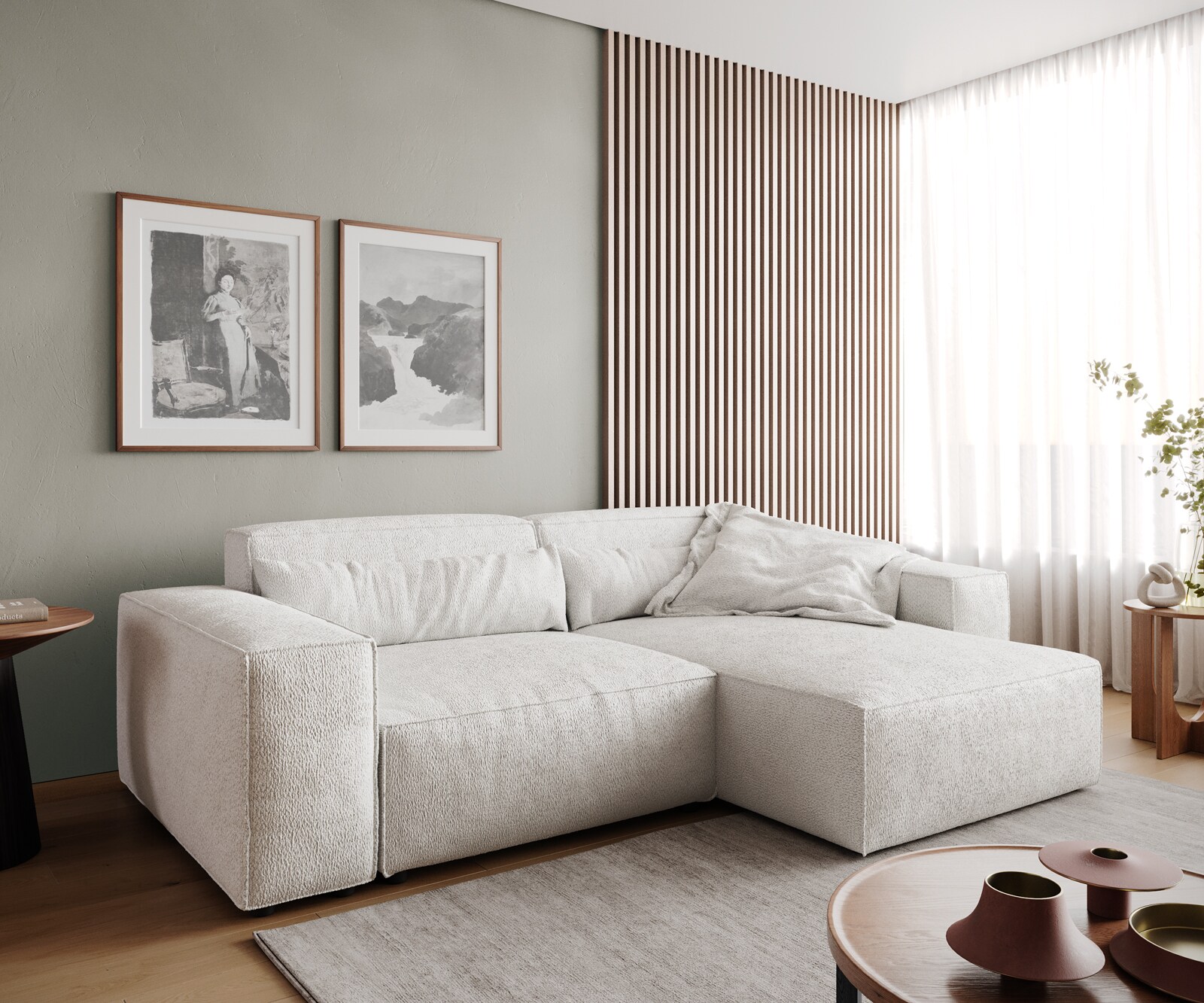 Hoekbank Sirpio 230x155 cm bouclee crème-wit recamiere variabele