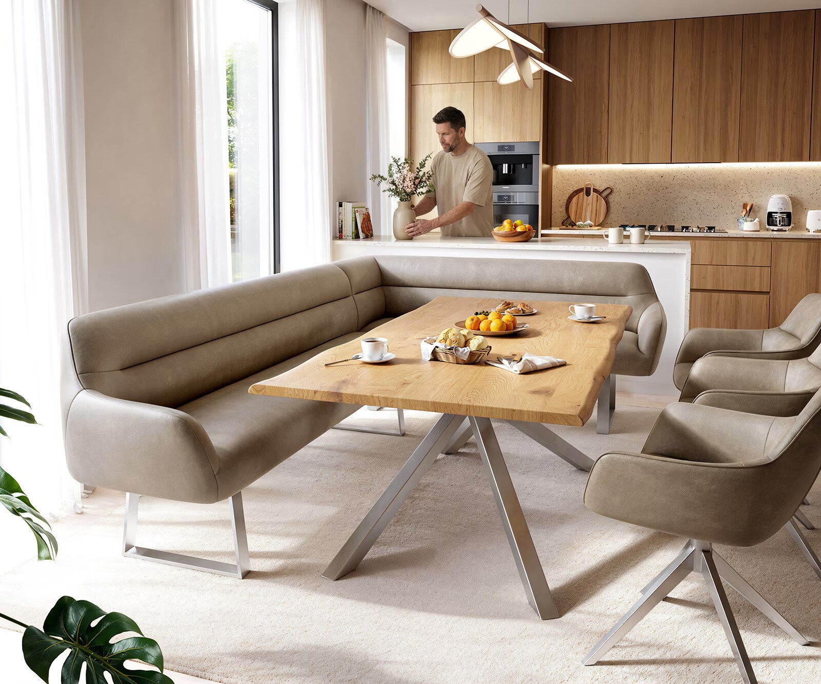 Eetkamerbank Taya-Flex 285x190 cm microvelours beige vintage gekant sledeframe roestvrij staal pocketvering links