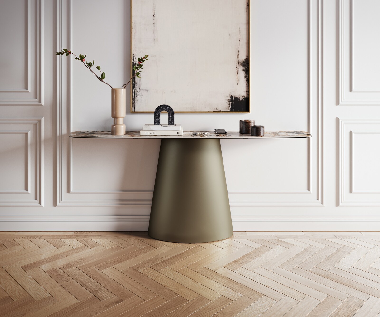 Consoletafel Edge Bootvorm 180x40 cm Keramiek Patagonia Poliert Conos Metaal Effektfinish Titan 2