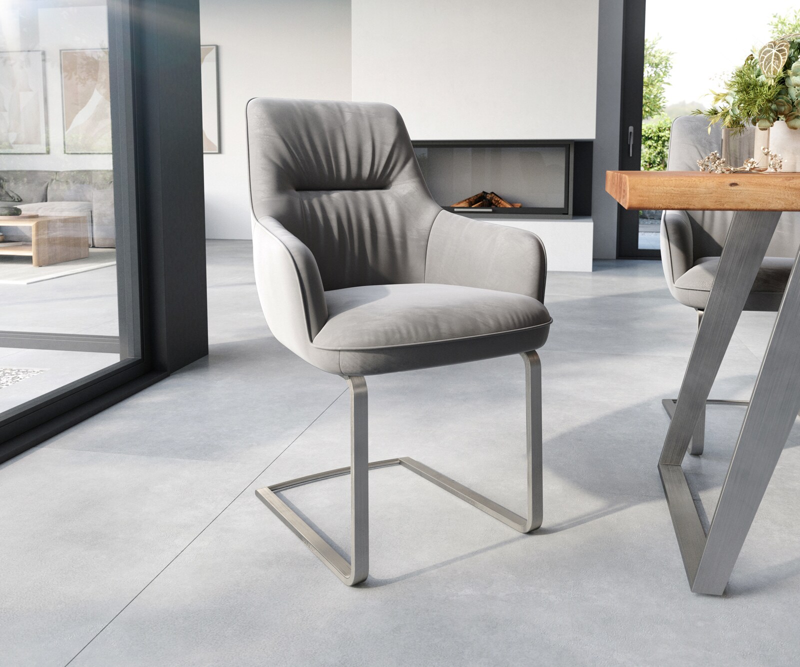 Sledemodel Zelia-Flex met armleuning fluweel grijs sledemodel vlak roestvrij staal pocketveer kern Sledemodel Zelia-Flex met armleuning fluweel grijs sledemodel vlak roestvrij staal pocketveer kern