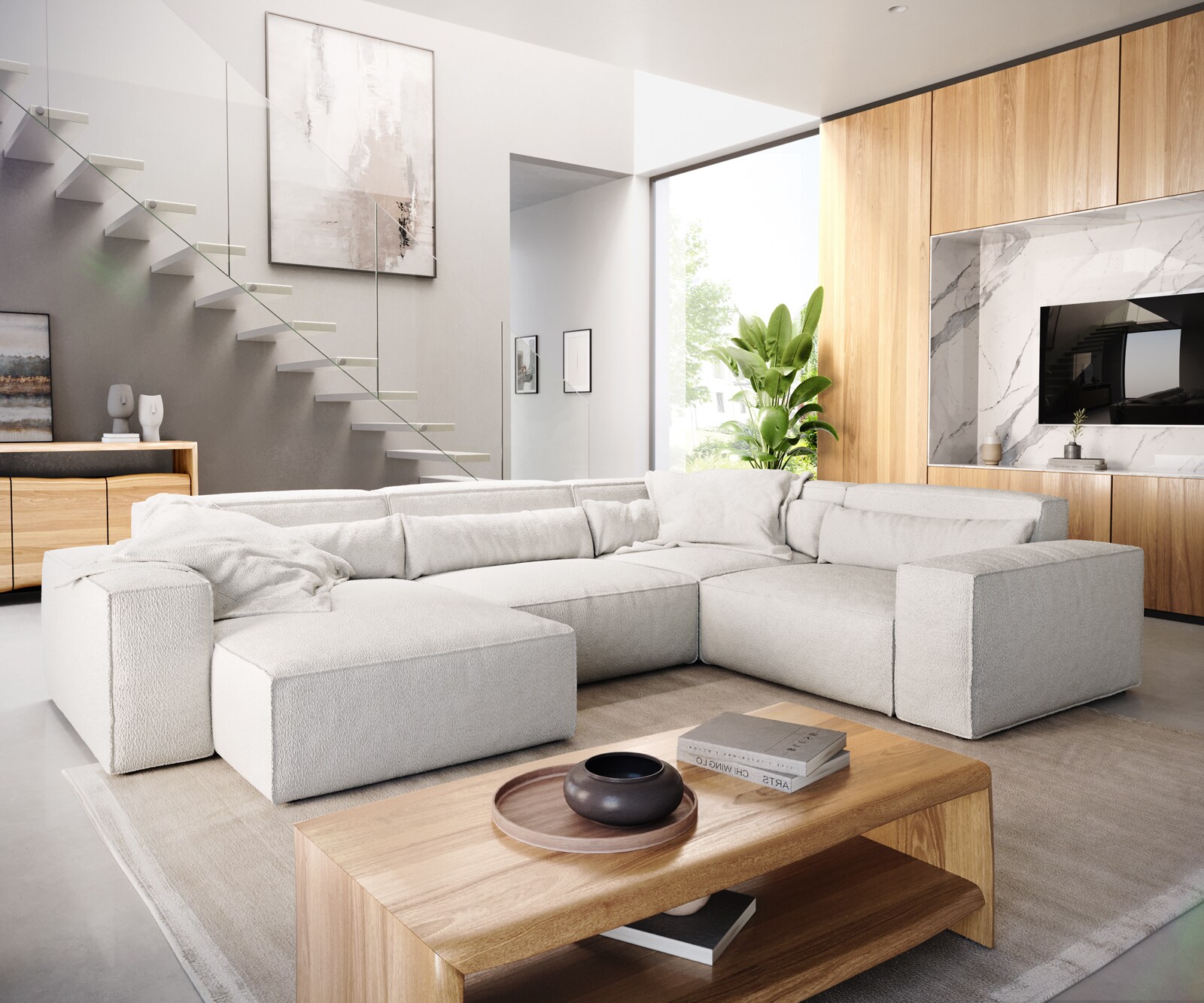 Woonkamer landschap Sirpio 300x200 cm bouclee crème-wit recamiere variabele 1