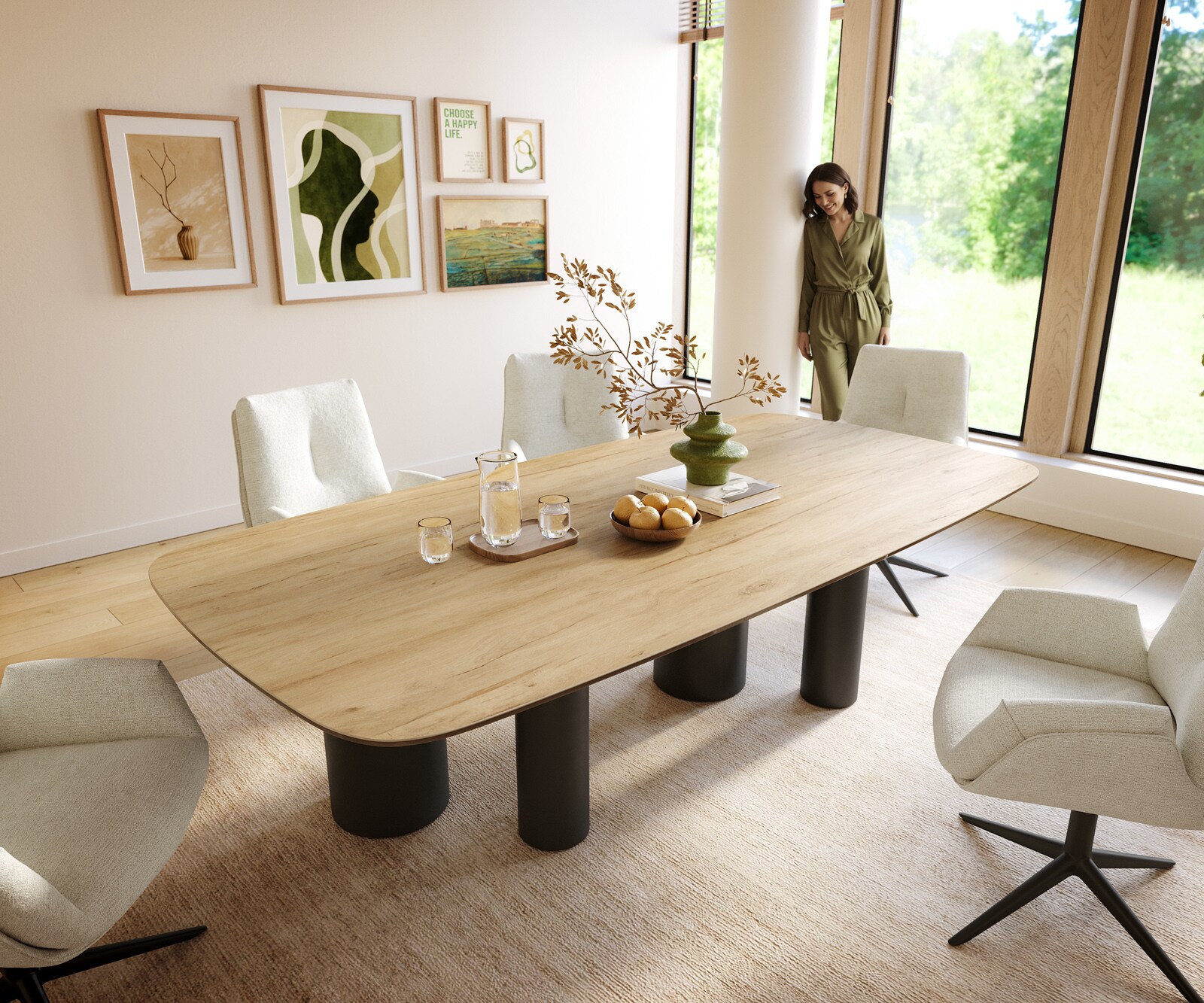 Eettafel Edge Boot 240x120 cm Keramiek Laminam® Sabbia Eichefarbig Pilier Metaal Zwart