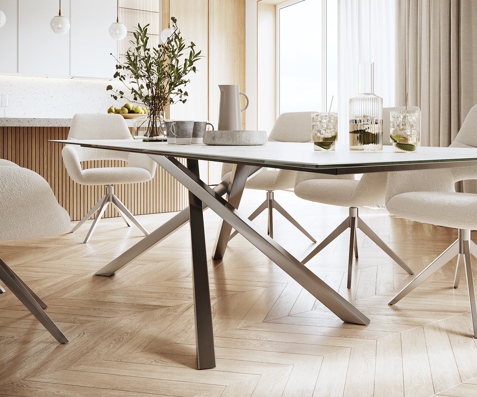 Eettafel Edge 300x100cm Laminam® keramiek wit middenpoot kruis zilver 6