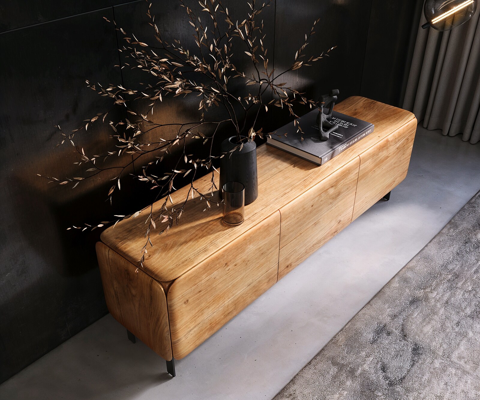 TV-meubel Shavani 175 cm acacia natuur 2 deuren 2 lades L-poot metaal zwart 3