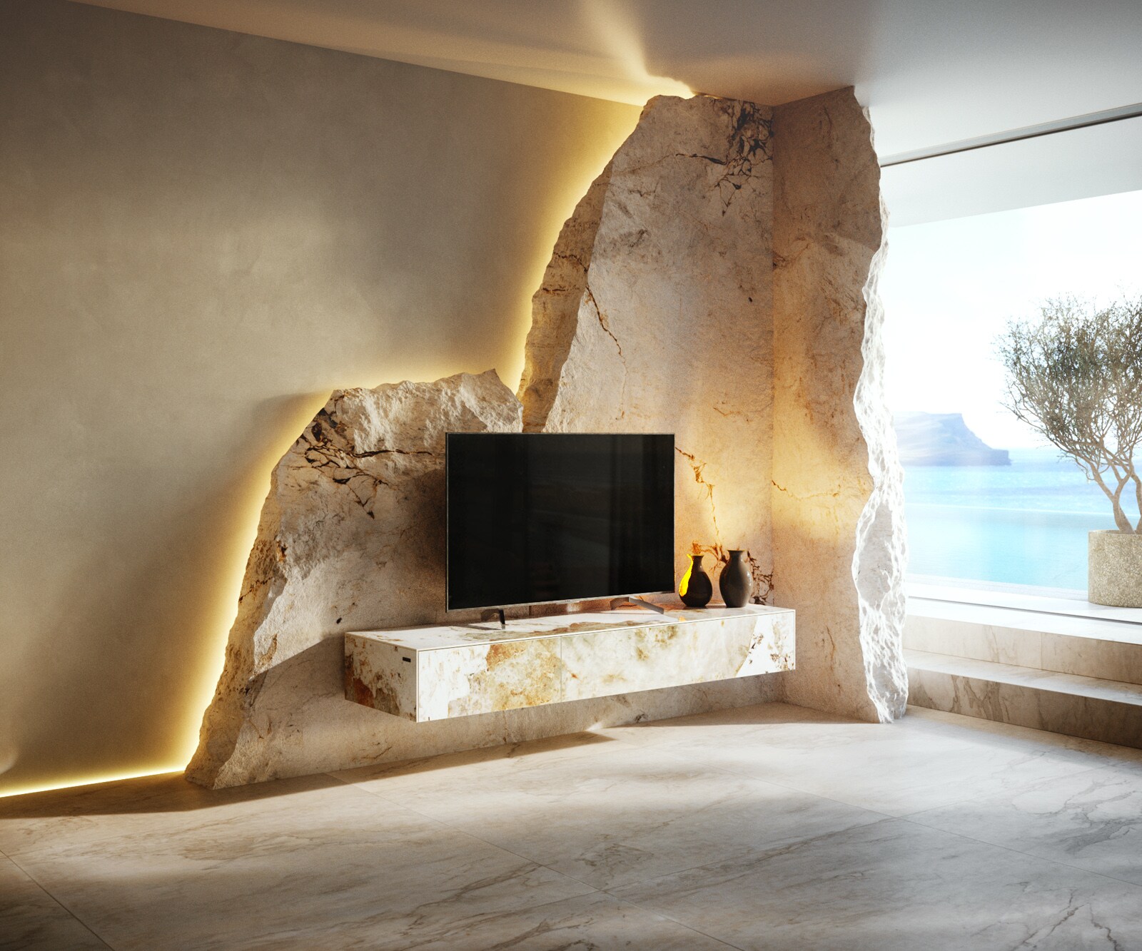 Tv-meubel Cuor 150 cm Keramiek Minas Melange Wit-beige 1 Flap 1 Lade Zwevend 1