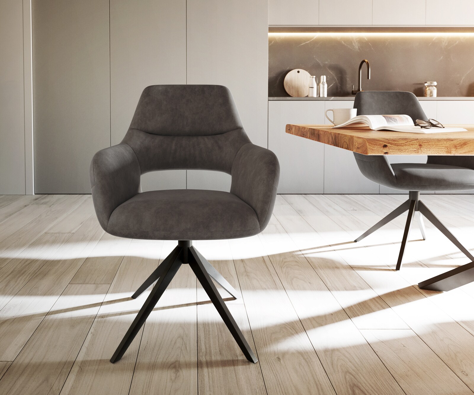 Eetkamerstoel Yago-Flex met armleuning microvelours antraciet vintage kruisframe breed zwart pocketveer kern 1 Eetkamerstoel Yago-Flex met armleuning microvelours antraciet vintage kruisframe breed zwart pocketveer kern 1