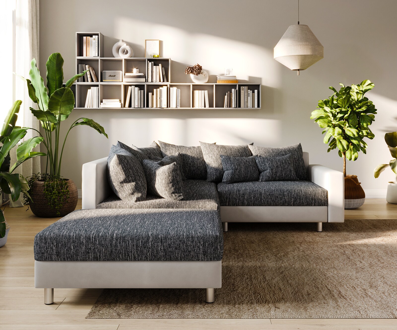 Hoekbank Clovis wit zwart met armleuning en hocker ottomane links 2