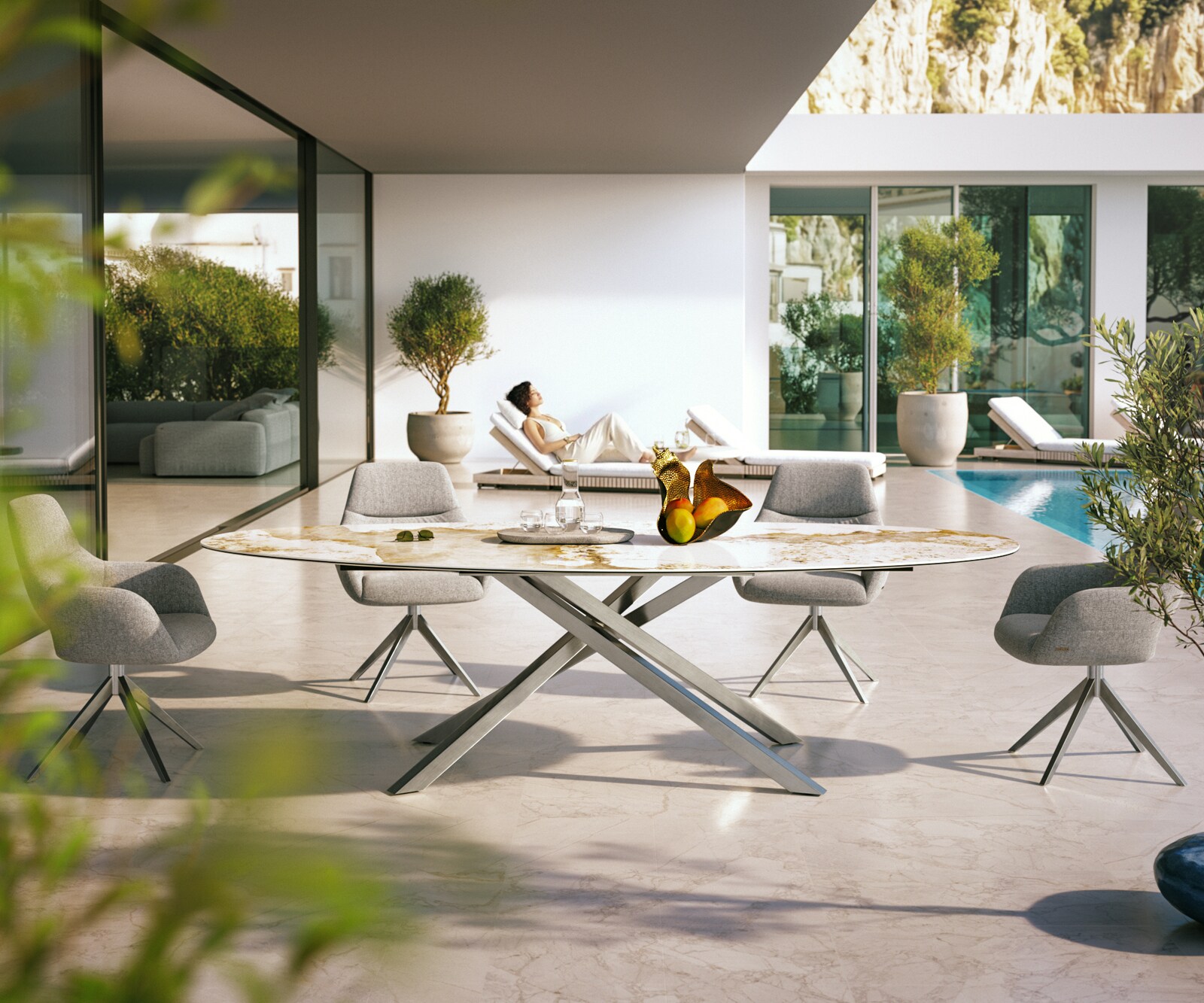 Outdoortafel Edge Ovaal 280x130 cm keramiek Minas Melange wit-beige kruispoot rechthoekig roestvrij staal 1