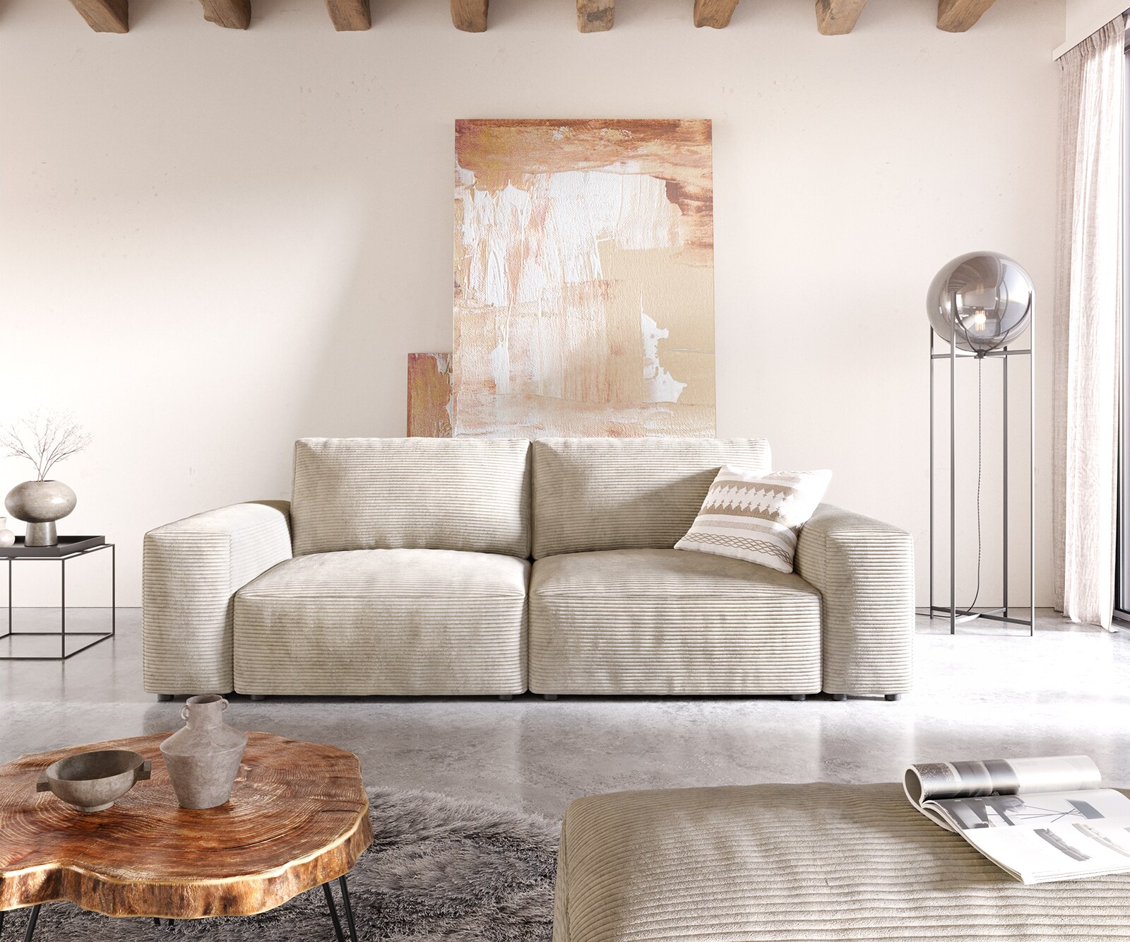 Big-sofa Lanzo 230x95 cm ribcord beige met hocker 1